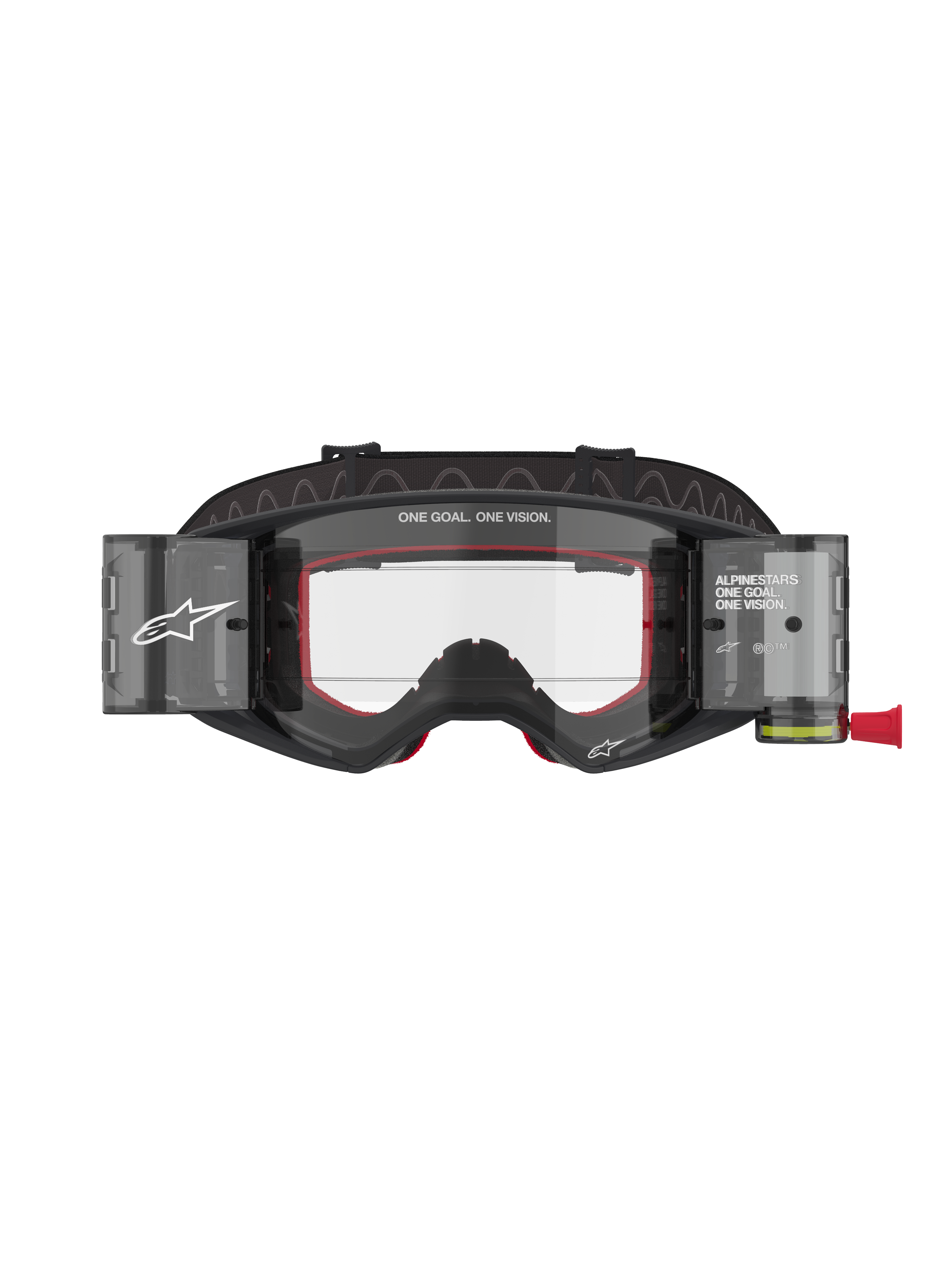 Alpinestars Supertech Corp Goggles Roll Off, Motocross and MTB Goggles, Black and Grey with Red interior foam, Clear Lens featuring Wide Vision Roll-Off system, "ONE GOAL. ONE VISION." branding, technical off-road eye protection with modern angular design