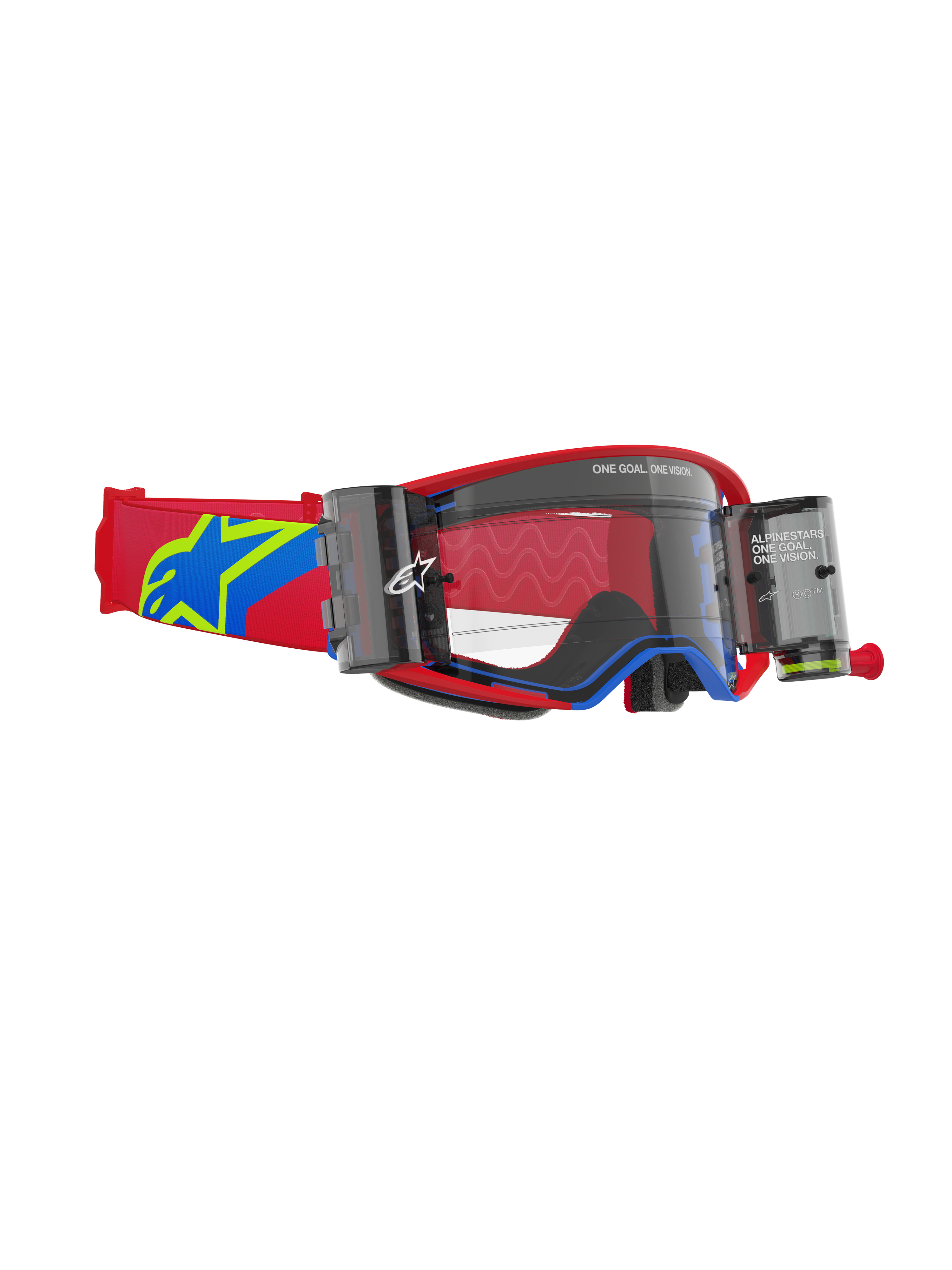 Alpinestars Supertech Corp Goggles Roll Off, Motocross Goggles, Red and Blue frame with Clear lens, integrated Wide Vision Roll-Off system with dual canisters, red adjustable strap featuring a blue and yellow star logo, professional-grade off-road racing eye protection.