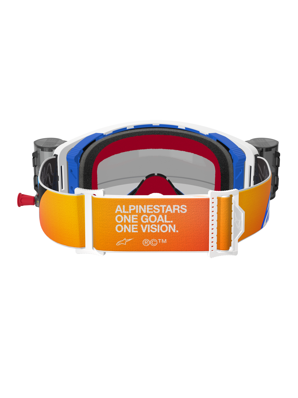 Alpinestars Supertech Corp Goggles Roll Off, rear view, orange and yellow gradient strap featuring white 'Alpinestars One Goal. One Vision.' text, blue and white frame components with black 3D molded face foam, integrated roll-off system canisters visible on sides