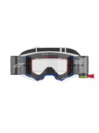 Alpinestars Supertech Corp Goggles Roll Off, Motocross Goggles, Blue and White frame with Orange accents, integrated wide-view roll-off system with clear lens, professional off-road eye protection featuring Alpinestars branding and "One Goal. One Vision." text