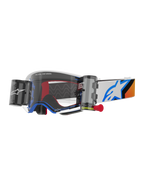 Alpinestars Supertech Corp Goggles Roll Off, Motocross Goggles, Blue and Orange design, White frame with clear lens and roll-off system, features wide vision canisters and a blue Astars logo on the strap.