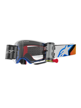 Alpinestars Supertech Corp Goggles Roll Off, Motocross Goggles, Blue and Orange design, White frame with clear lens and roll-off system, features wide vision canisters and a blue Astars logo on the strap.