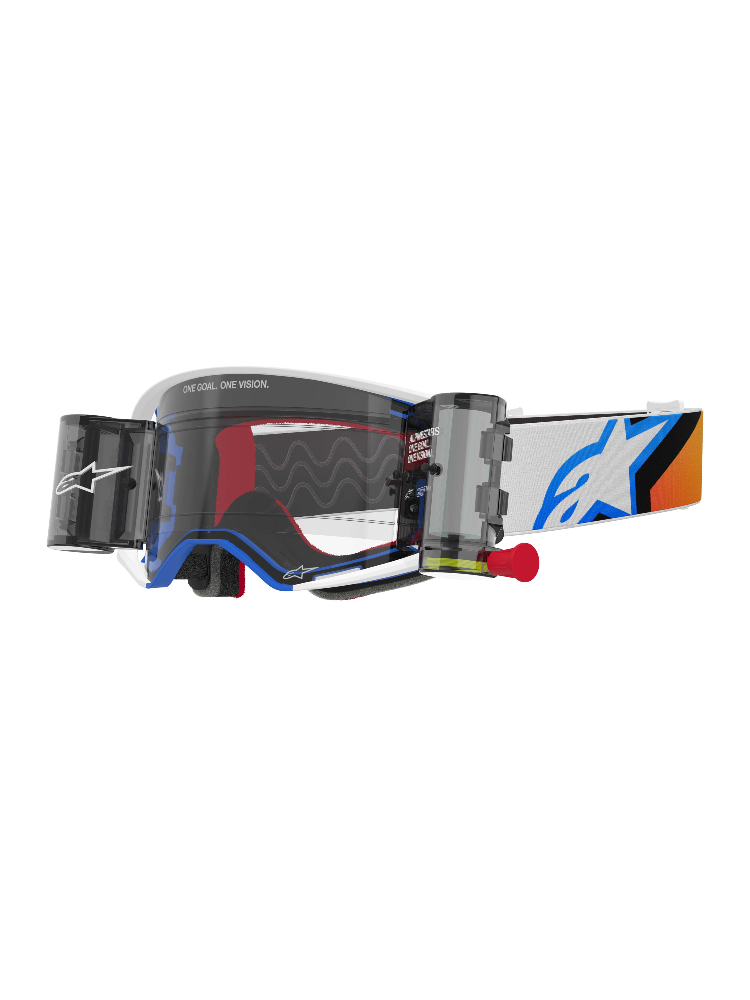 Alpinestars Supertech Corp Goggles Roll Off, Motocross Goggles, Blue and Orange design, White frame with clear lens and roll-off system, features wide vision canisters and a blue Astars logo on the strap.