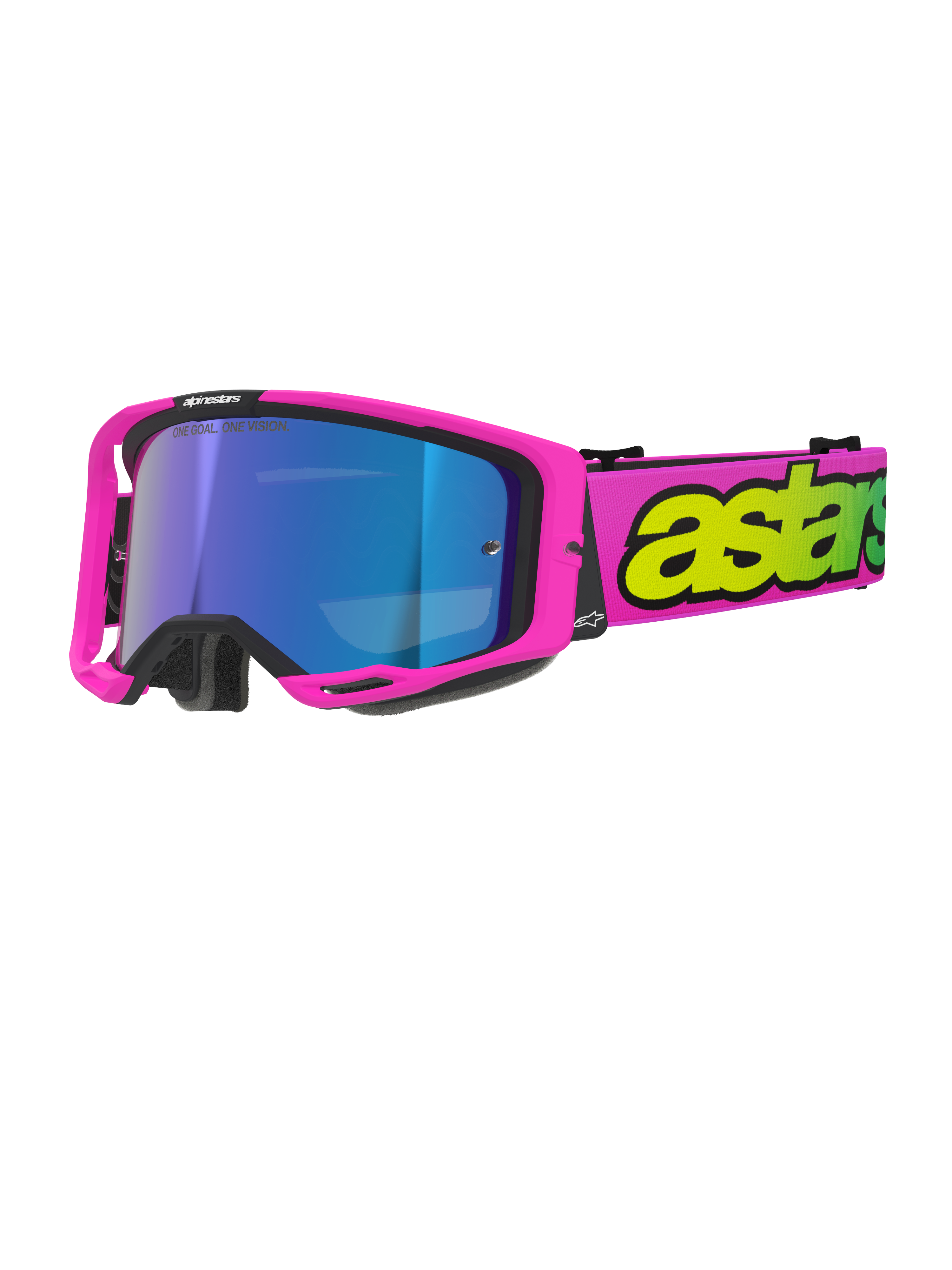 Alpinestars Vision 8 Vista Goggles, Motocross Goggles, Pink Fluo and Yellow Fluo with Mirror Blue lens, bright pink frame, wide pink strap with bold fluo yellow branding, high-performance off-road eyewear