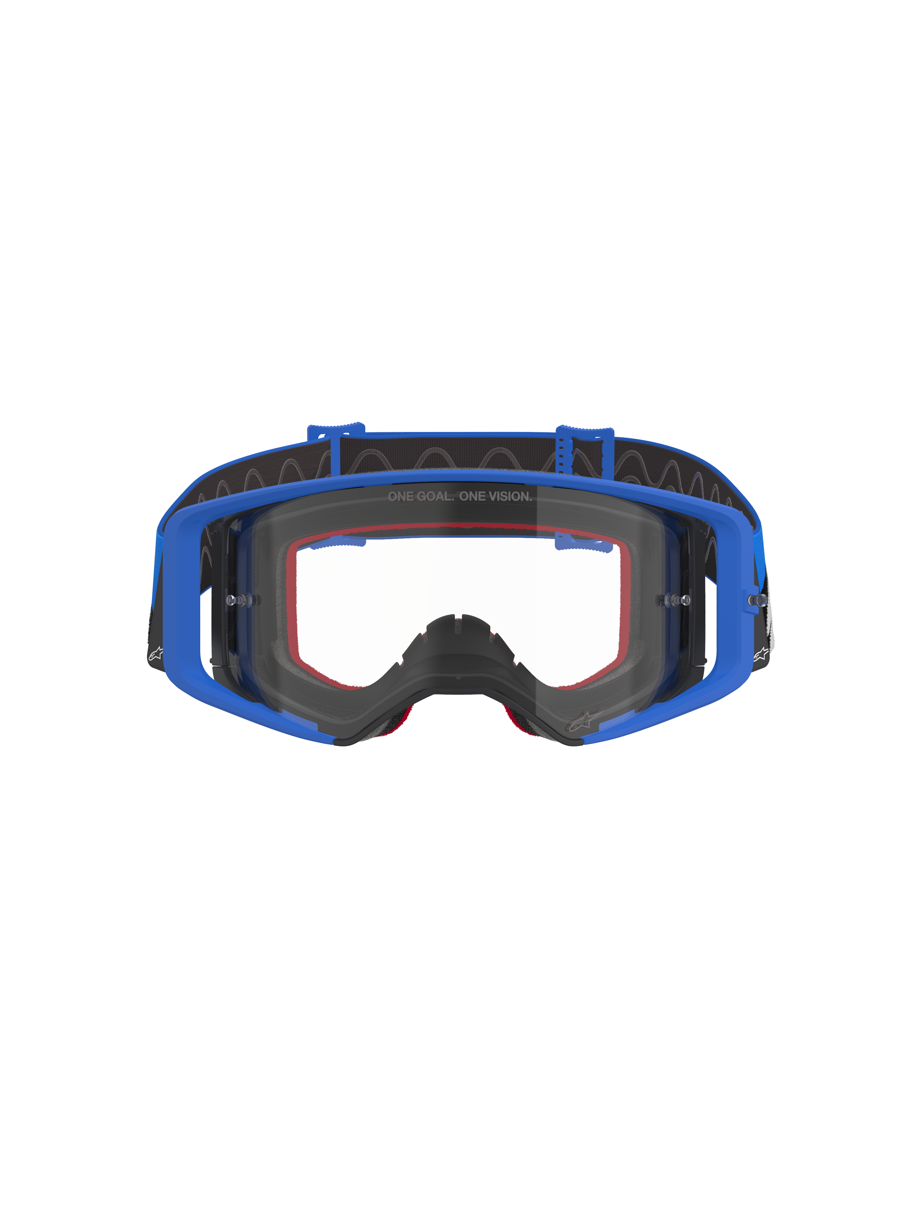 Alpinestars Supertech Stream Goggles, Motocross and Off-Road Goggles, Blue with Clear Lens, featuring a blue frame, red foam padding, and black adjustable strap with internal silicone grip, "ONE GOAL. ONE VISION." branding on the lens, high-performance protective eyewear for racing.