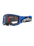 Alpinestars Supertech Stream Goggles, Motocross Goggles, Blue and Clear, bright blue frame with a clear lens, wide blue and black adjustable strap with a bold white 'astars' logo, red interior foam accents, professional eyewear for off-road and motocross racing