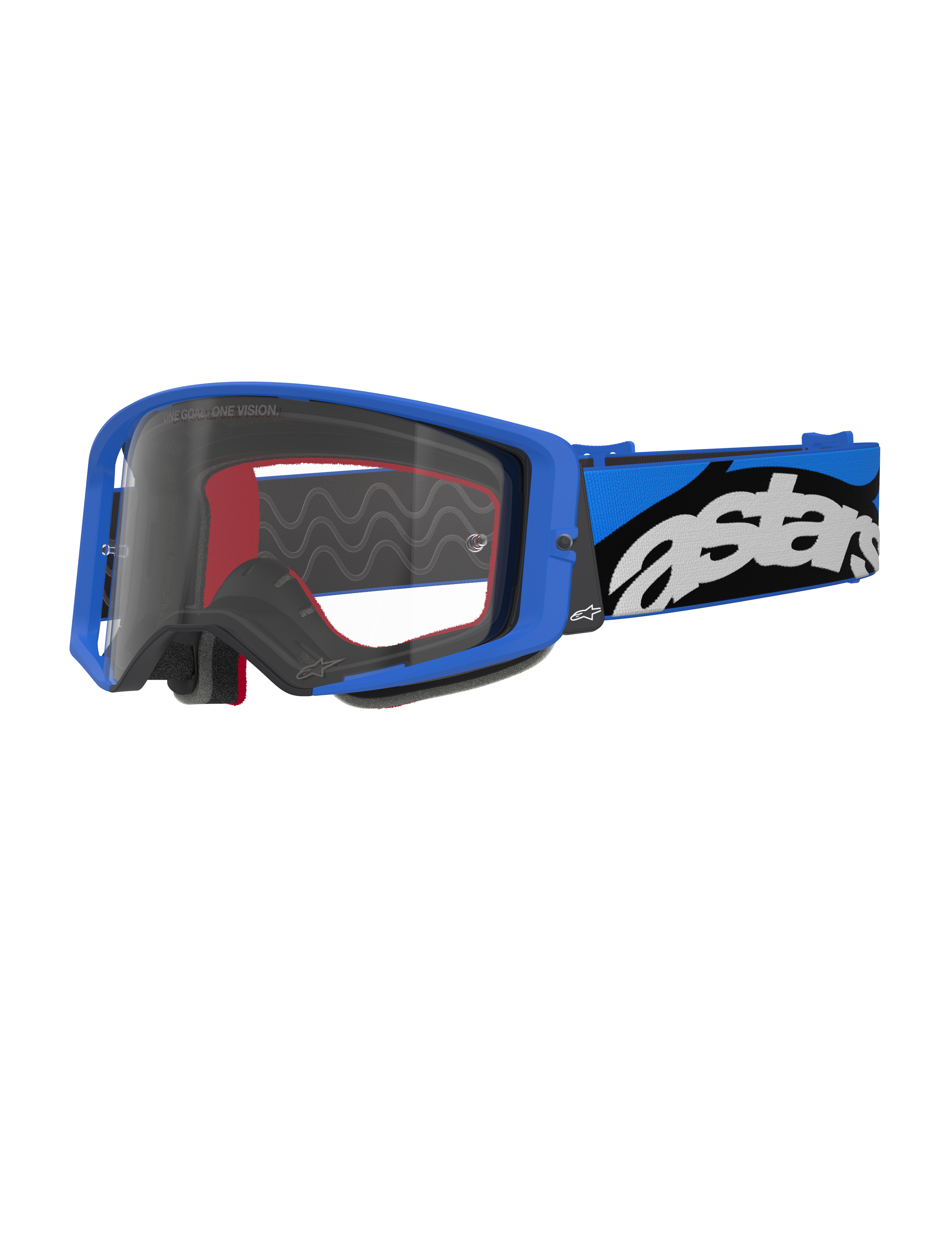 Alpinestars Supertech Stream Goggles, Motocross Goggles, Blue and Clear, bright blue frame with a clear lens, wide blue and black adjustable strap with a bold white 'astars' logo, red interior foam accents, professional eyewear for off-road and motocross racing