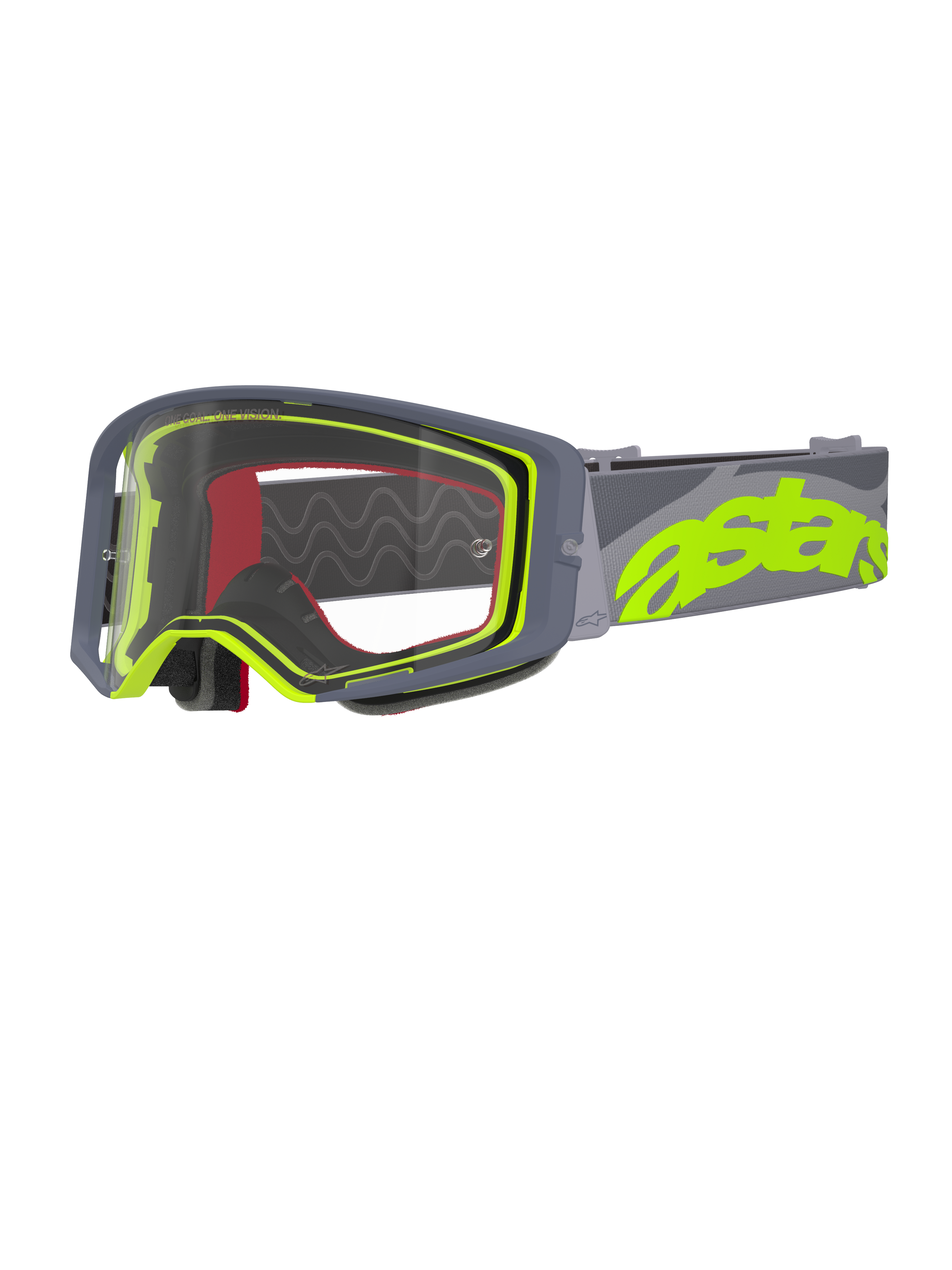 Alpinestars Supertech Stream Goggles, Motocross Goggles, Gray and Yellow Fluo, clear lens with gray frame, red interior foam, wide gray strap with bold neon yellow astars branding, professional off-road racing eyewear.