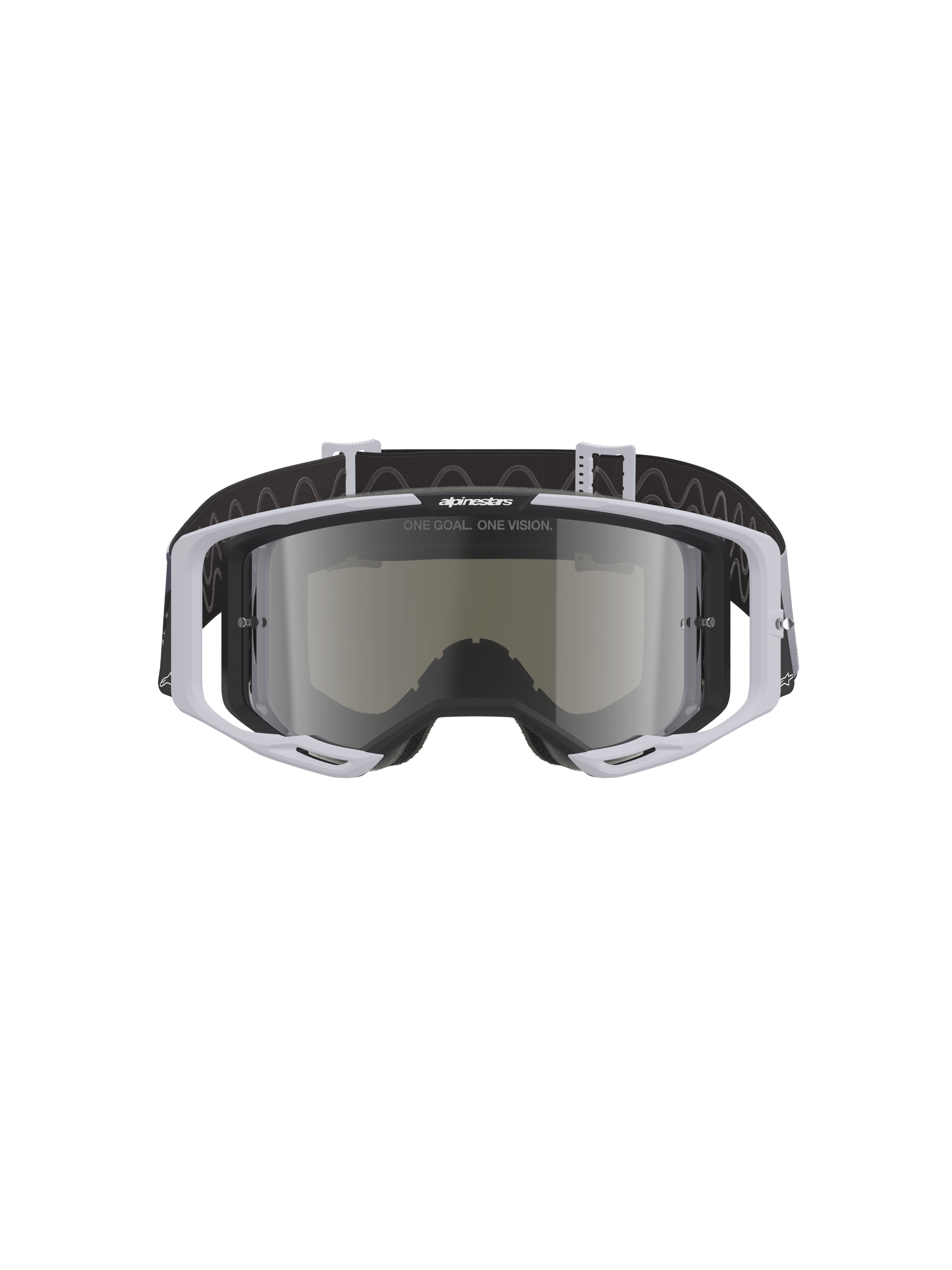 Alpinestars Vision 8 Lahnd Goggles, Motocross Goggles, Iron Camo Mirror Silver, light gray frame with a mirrored silver lens, black strap with wavy pattern, professional eyewear for off-road racing and motocross