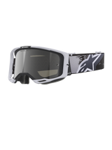 Alpinestars Vision 8 Lahnd Goggles, Motocross Goggles, Iron Camo Mirror Silver, white frame with a silver mirrored lens, grayscale camouflage strap featuring a large white star logo, high-performance eyewear for off-road racing