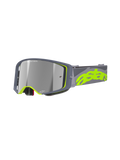Alpinestars Supertech Stream Goggles, Motocross MX Racing Goggles, Gray and Fluorescent Yellow, featuring a Mirror Silver reflective lens, wide angular frame with foam padding, and adjustable strap with bold neon branding.