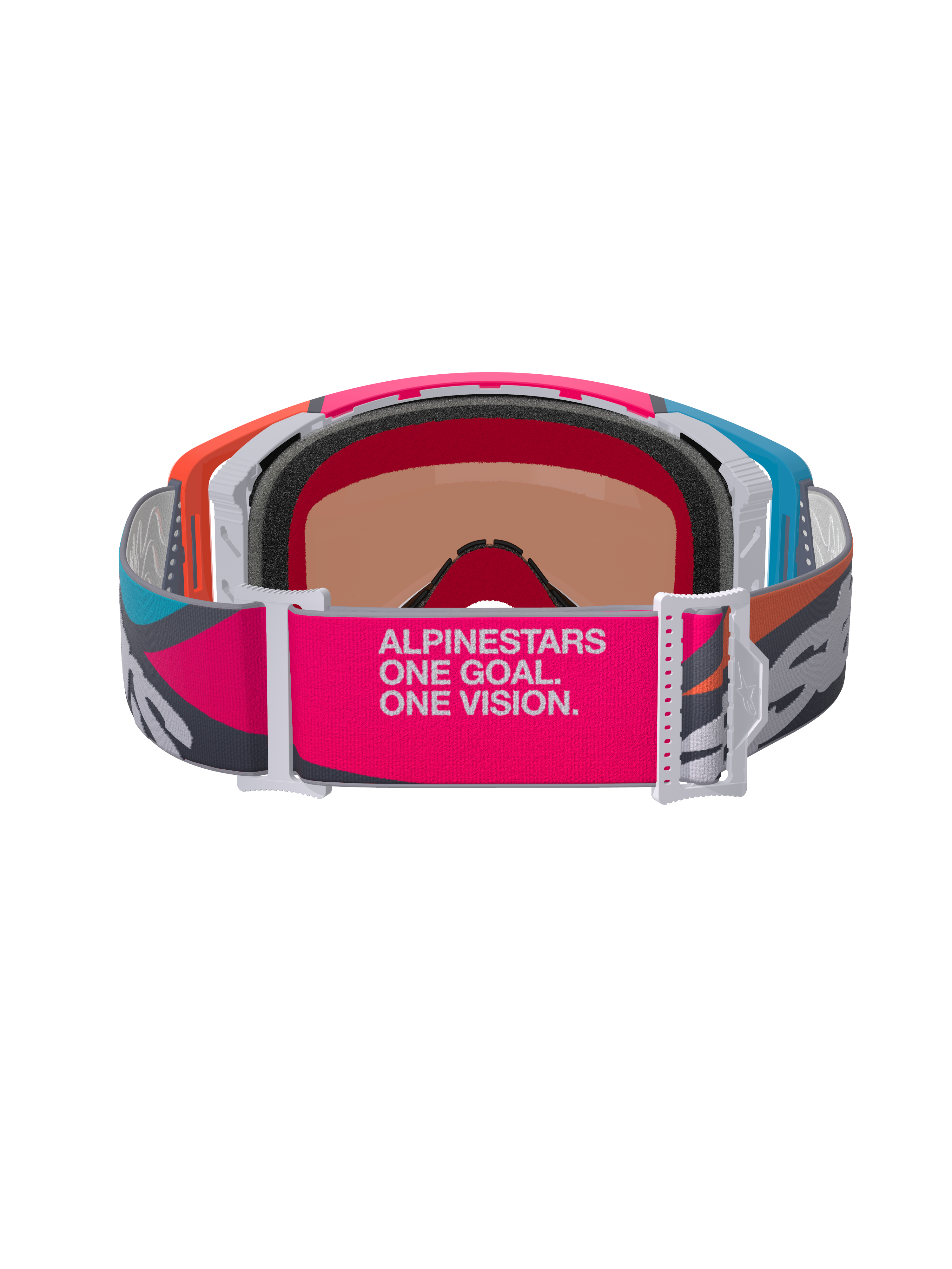 Alpinestars Supertech Stream Goggles, rear view showing wide pink and gray strap with 'ALPINESTARS ONE GOAL. ONE VISION.' branding, multi-colored frame in orange and blue, 3D molded face foam, professional motocross and off-road eyewear