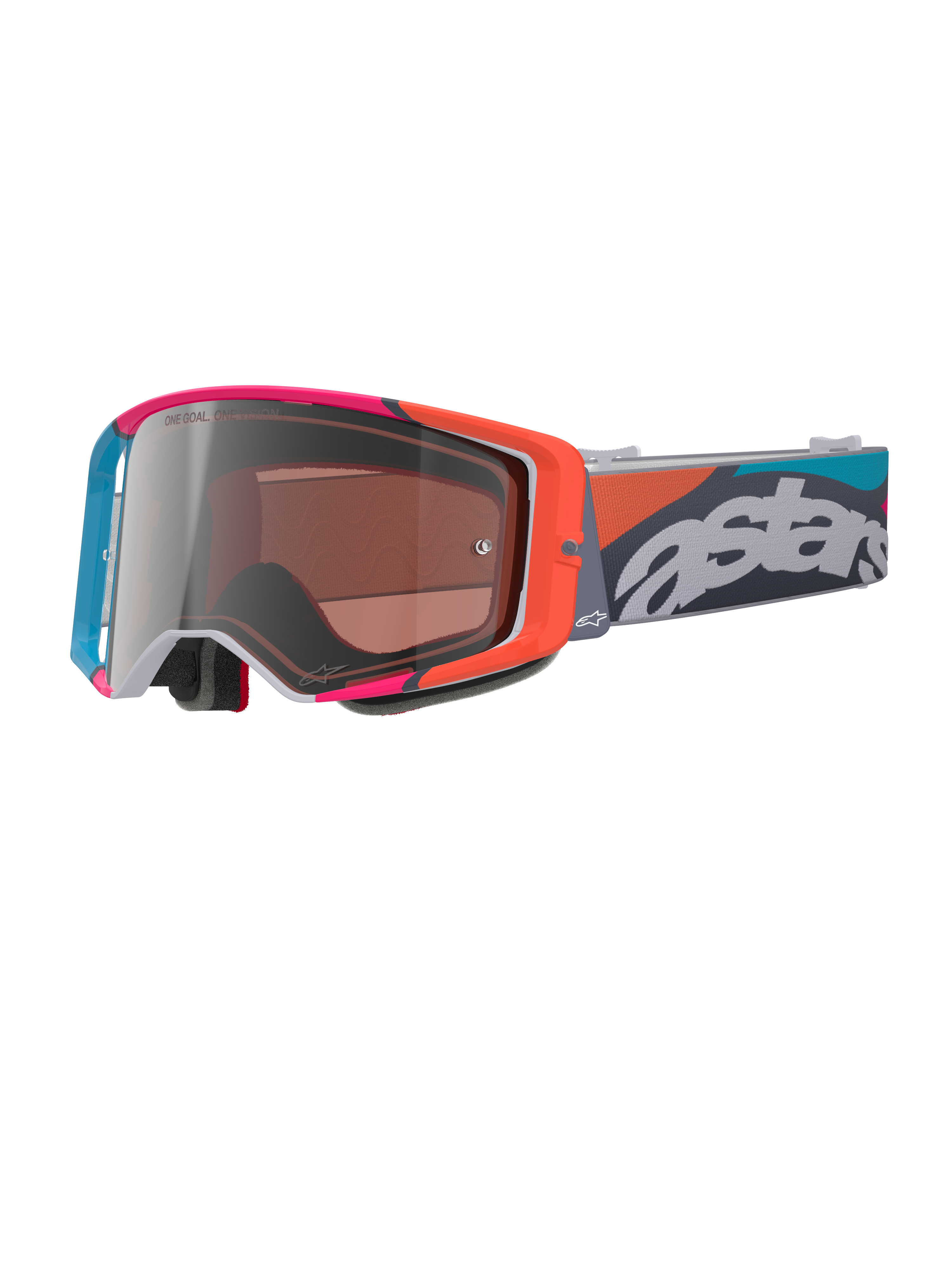 Alpinestars Supertech Stream Goggles, Gray frame with vibrant red and blue accents, Multi Mirror Silver lens, thick foam padding, adjustable strap with bold white 'astars' branding and colorful geometric patterns, professional motocross eye protection.