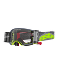 Alpinestars Supertech Stream Goggles, Motocross Goggles, Grey and Fluo Yellow, featuring a clear lens with an integrated Wide Vision Roll-Off system, canisters on either side with a red pull knob, wavy silicone glide lines, adjustable grey strap with large neon yellow astars logo, high-performance eye protection for off-road racing