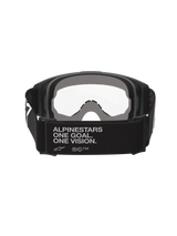 Alpinestars Vision Goggles OTG, Motocross Goggles, Black and Grey, rear view showing wide black woven strap with brand slogan, multi-layer grey face foam, clear lens, designed for over-the-glasses fit