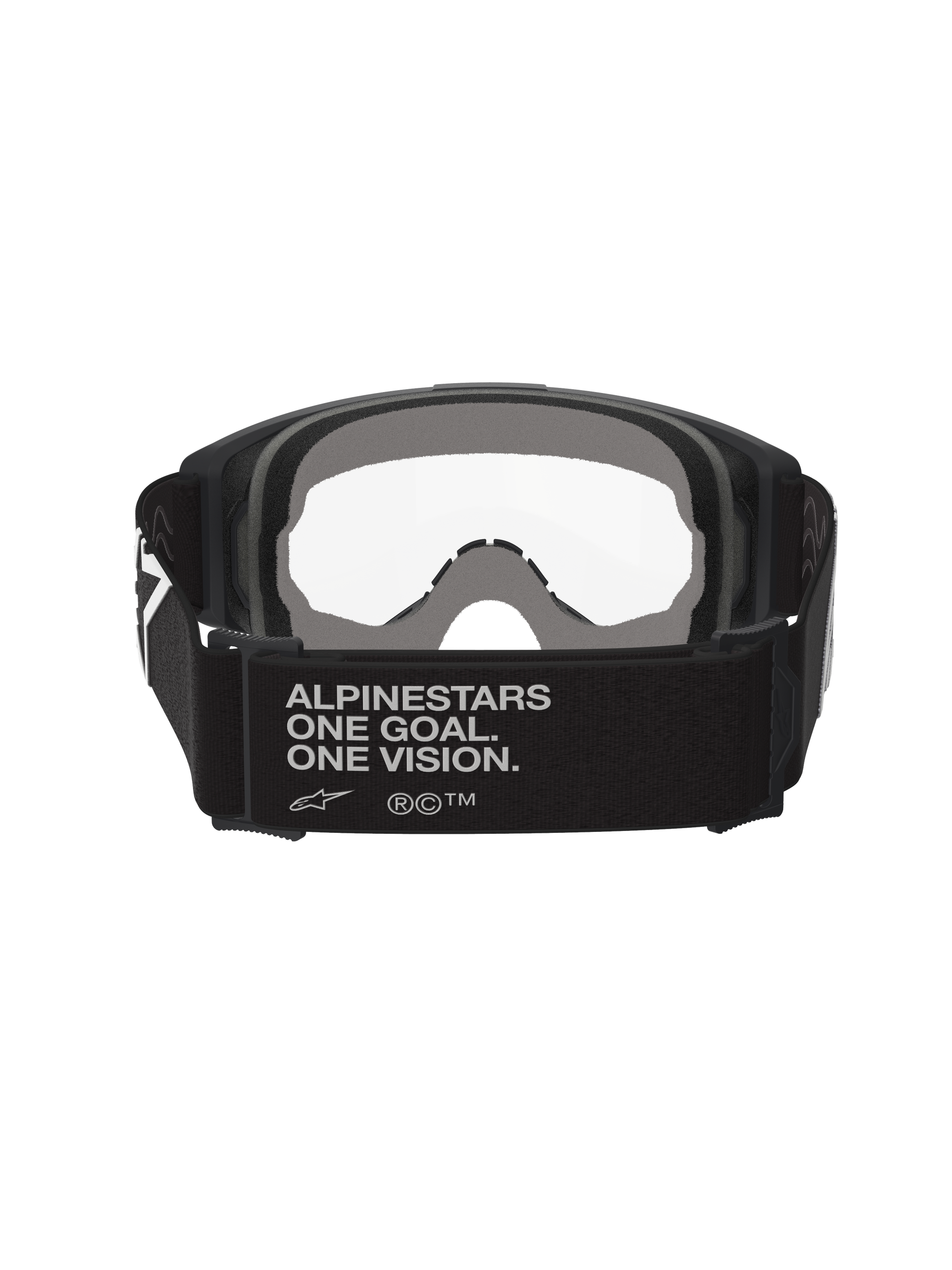 Alpinestars Vision Goggles OTG, Motocross Goggles, Black and Grey, rear view showing wide black woven strap with brand slogan, multi-layer grey face foam, clear lens, designed for over-the-glasses fit