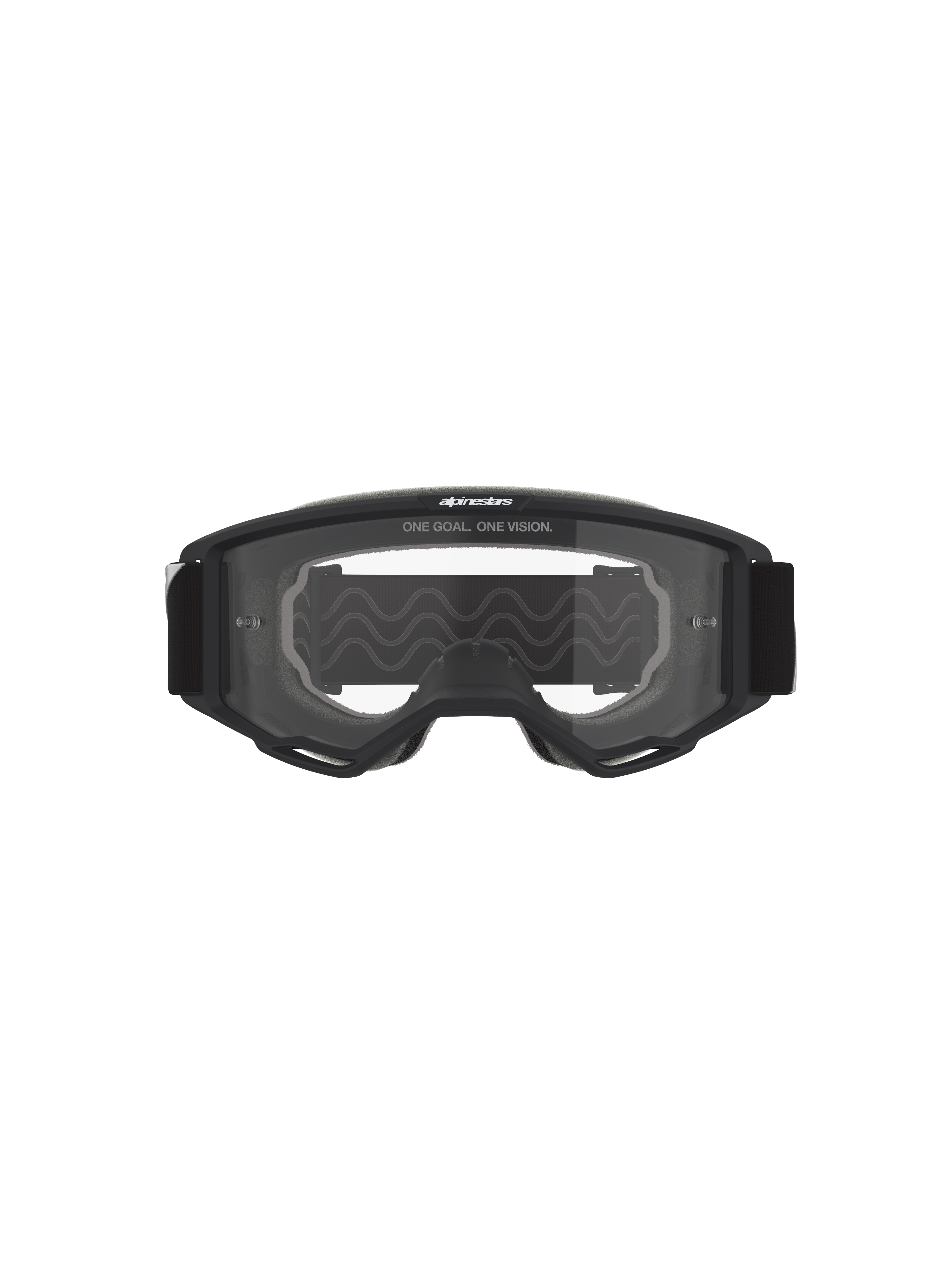 Alpinestars Vision Goggles OTG, Motocross Goggles, Black frame with clear lens, front view featuring 'ONE GOAL. ONE VISION.' text and brand logo, deep volume structure for prescription glasses compatibility