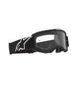Alpinestars Vision Goggles OTG, Motocross Goggles, Black and Grey with Clear Lens, black frame featuring a wide strap with a white Alpinestars logo and grey silicone traction pattern, deep volume frame designed for prescription glasses, anti-fog lens with branding detail.