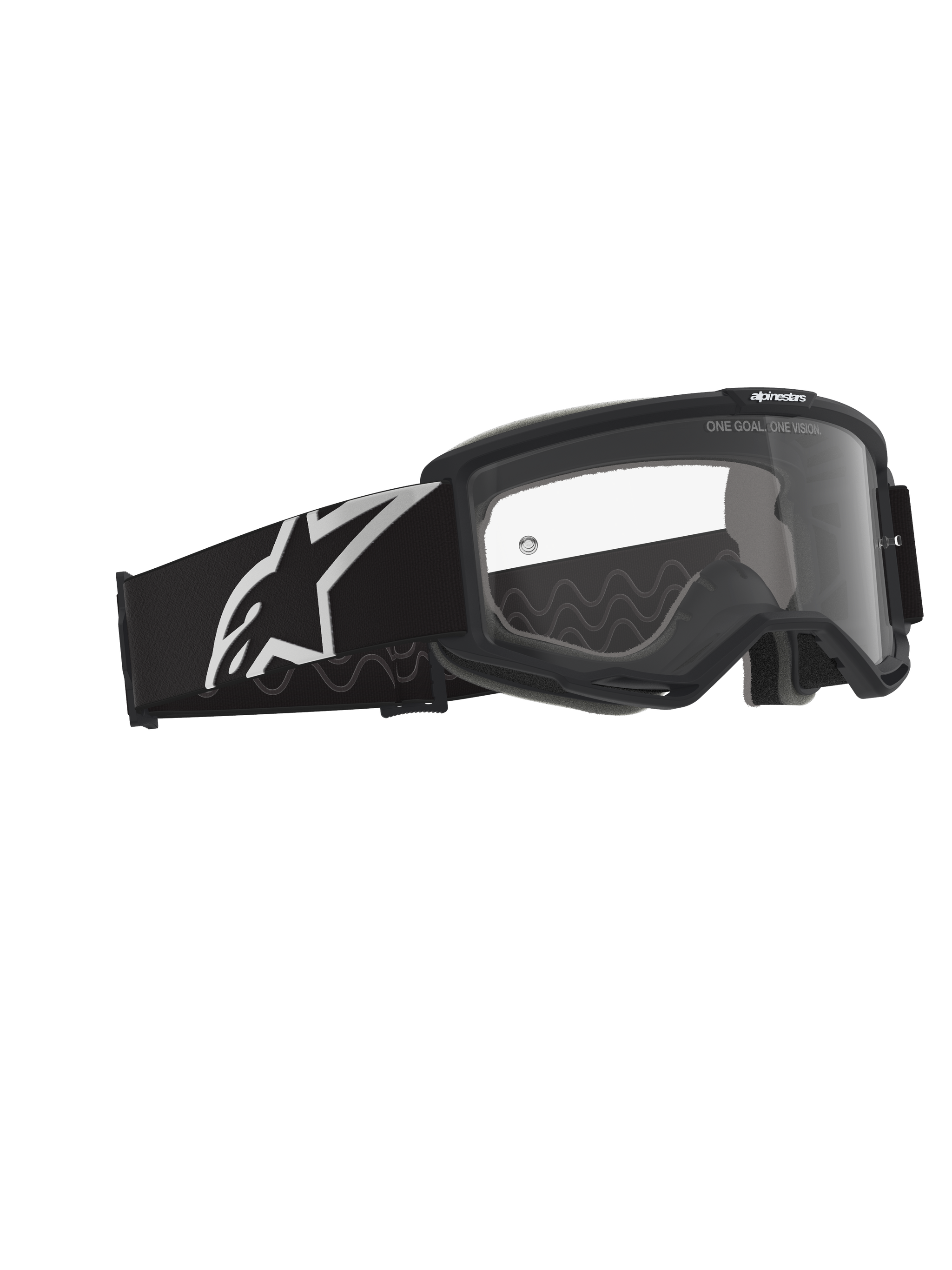 Alpinestars Vision Goggles OTG, Motocross Goggles, Black and Grey with Clear Lens, black frame featuring a wide strap with a white Alpinestars logo and grey silicone traction pattern, deep volume frame designed for prescription glasses, anti-fog lens with branding detail.