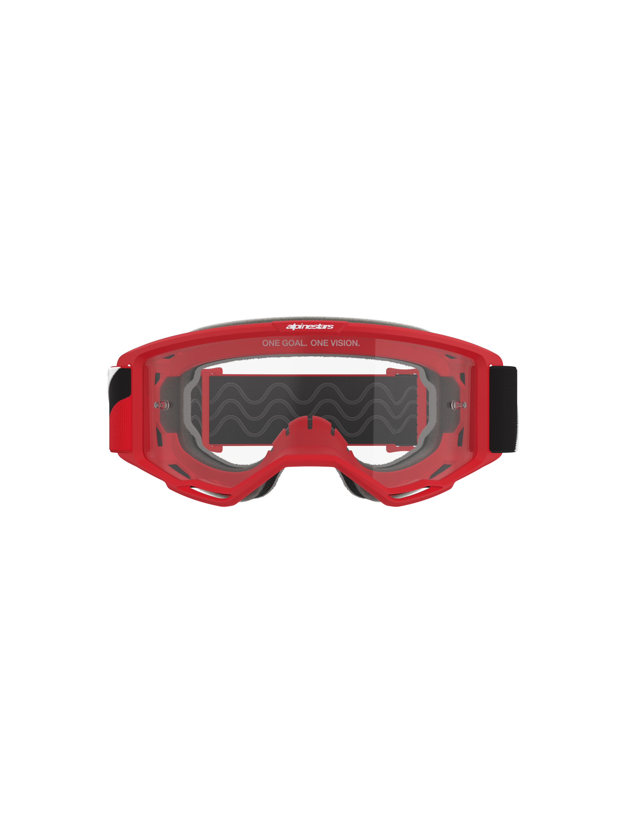Alpinestars Vision Goggles OTG, Motocross Goggles, Red frame with clear anti-fog lens, front view featuring 'ONE GOAL. ONE VISION.' slogan, wide black strap, high-performance eye protection for off-road racing