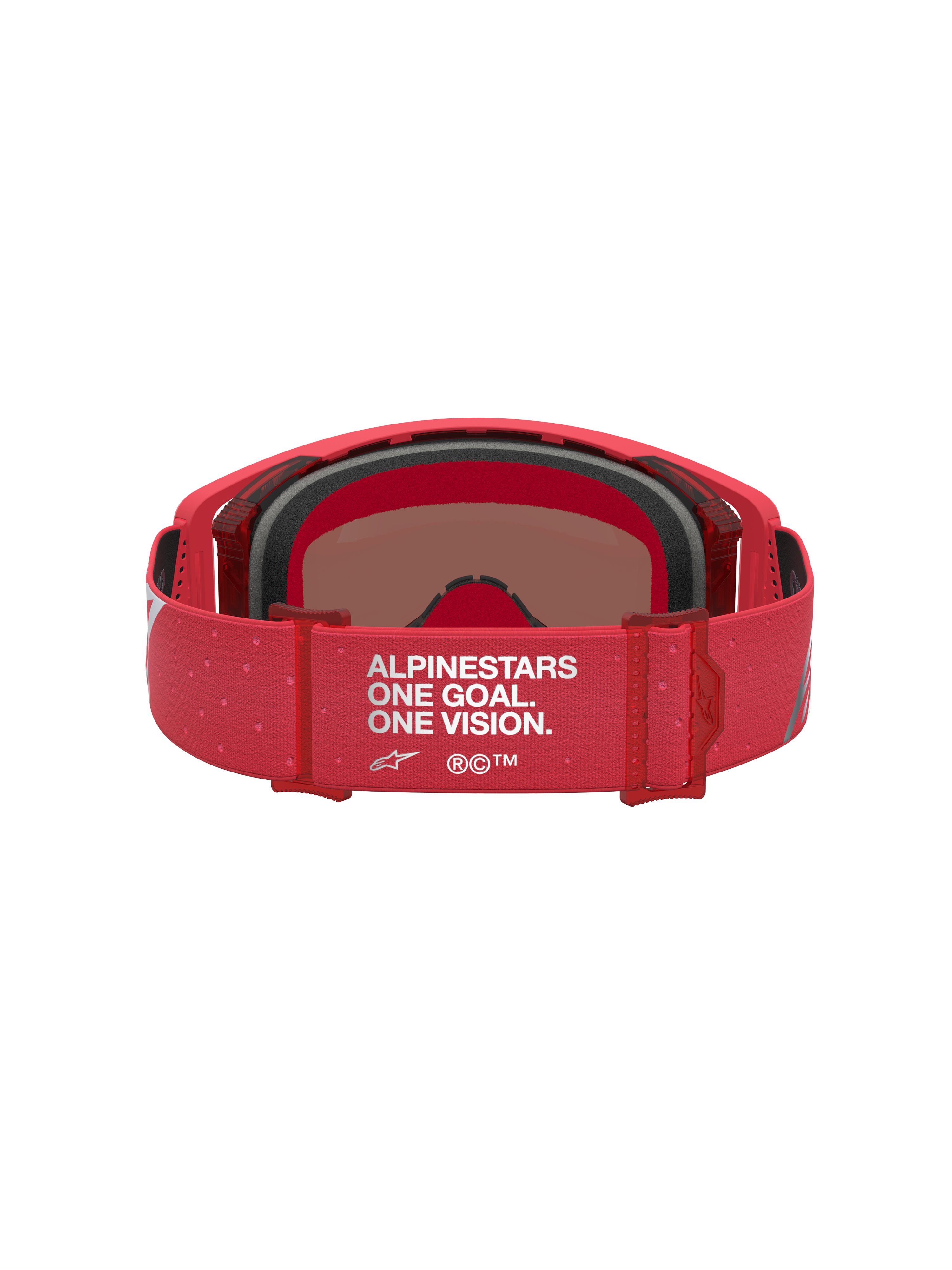 Alpinestars Supertech Vesta Motocross Goggles, Red Fluo and Silver, showing the adjustable One Goal One Vision rear strap.