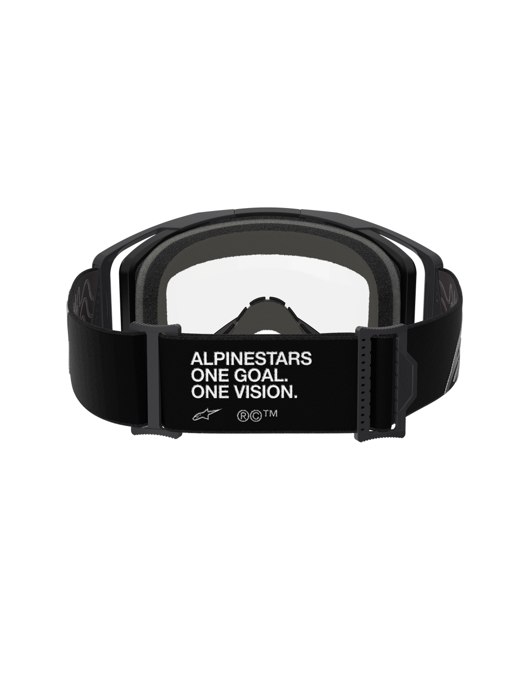 Alpinestars Vision 8 Corp Goggles, Black Clear, rear view featuring the black adjustable strap with white "ALPINESTARS ONE GOAL. ONE VISION." text, gray multi-layer face foam, and clear polycarbonate lens, performance motocross eyewear