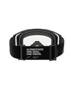 Alpinestars Vision 8 Corp Goggles, Black Clear, rear view featuring the black adjustable strap with white "ALPINESTARS ONE GOAL. ONE VISION." text, gray multi-layer face foam, and clear polycarbonate lens, performance motocross eyewear