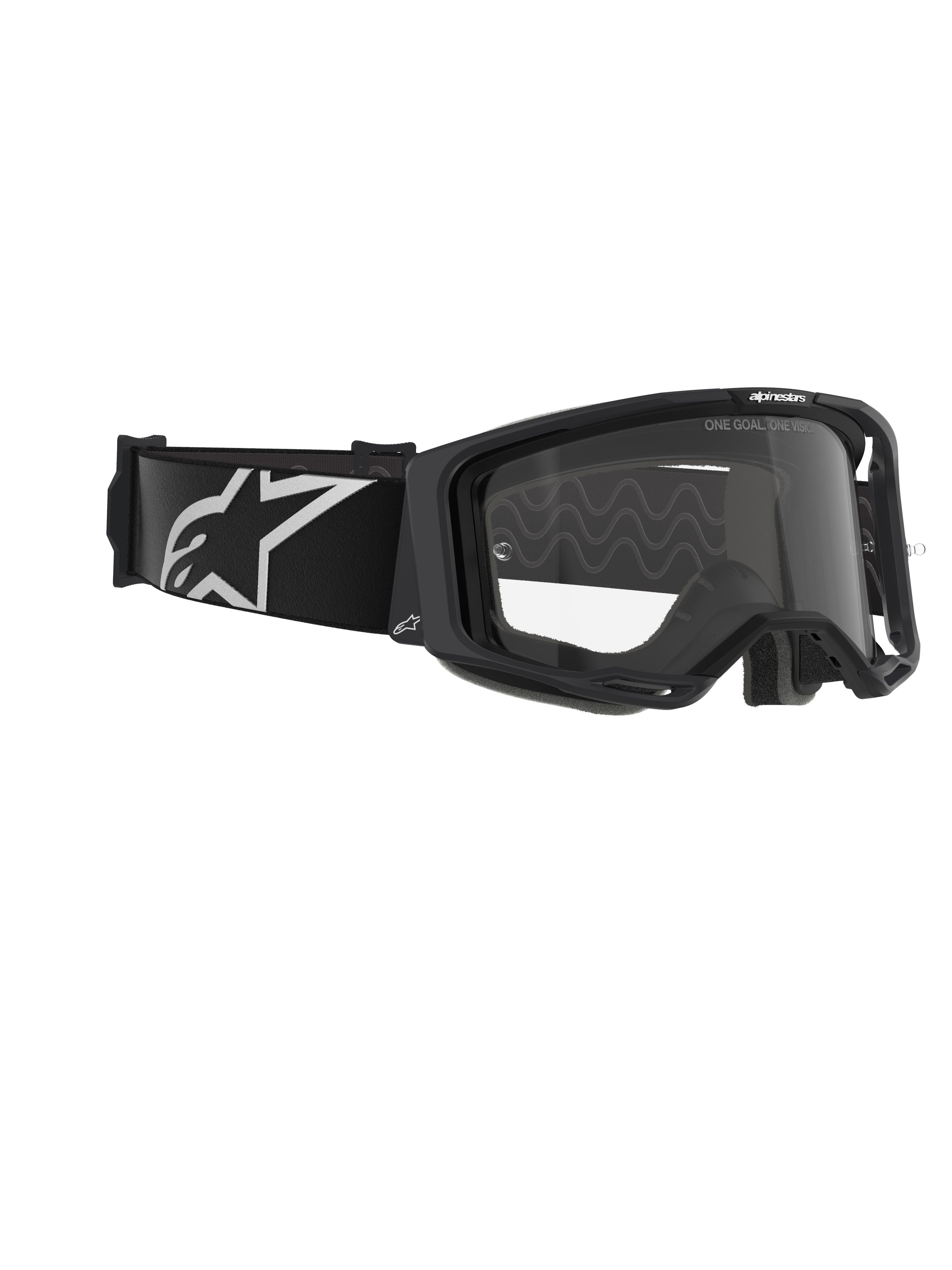 Alpinestars Vision 8 Corp Goggles, Motocross Goggles, Black frame with Clear lens, wide black woven strap featuring white A-star logo, clear protective eyewear with 'ONE GOAL. ONE VISION.' text, professional racing design for off-road performance