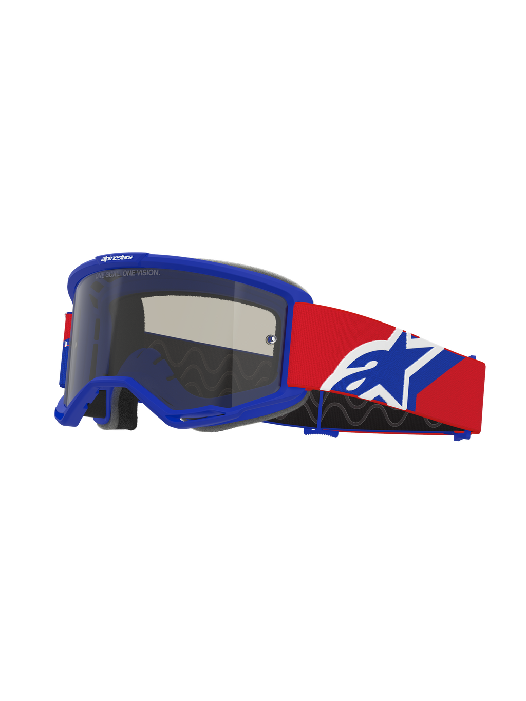 Alpinestars Vision Sand Goggles, Motocross Goggles, Blue frame with Dark Smoke lens, Red strap with Blue and White logo, off-road eye protection with specialized vent foam for desert riding