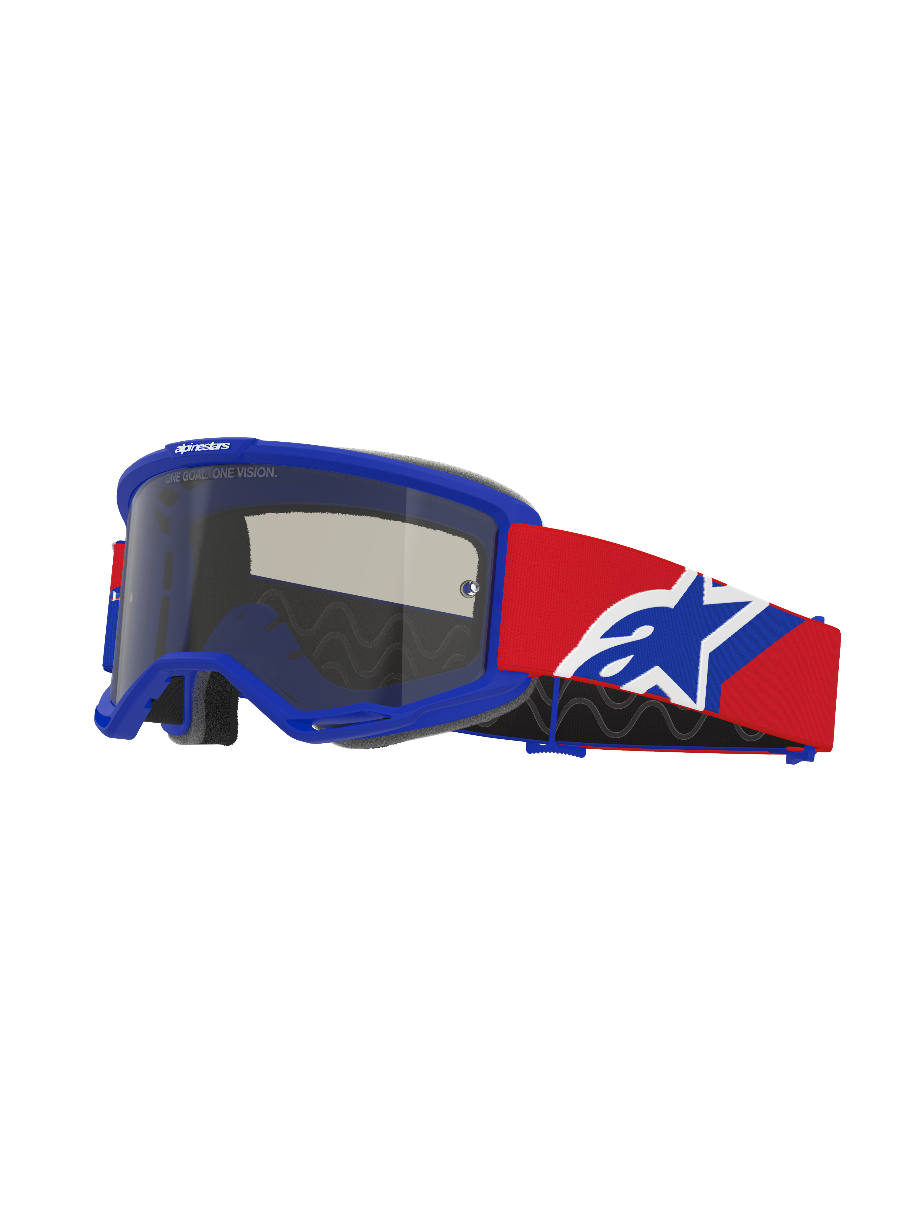 Alpinestars Vision Sand Goggles, Motocross Goggles, Blue frame with Dark Smoke lens, Red strap with Blue and White logo, off-road eye protection with specialized vent foam for desert riding