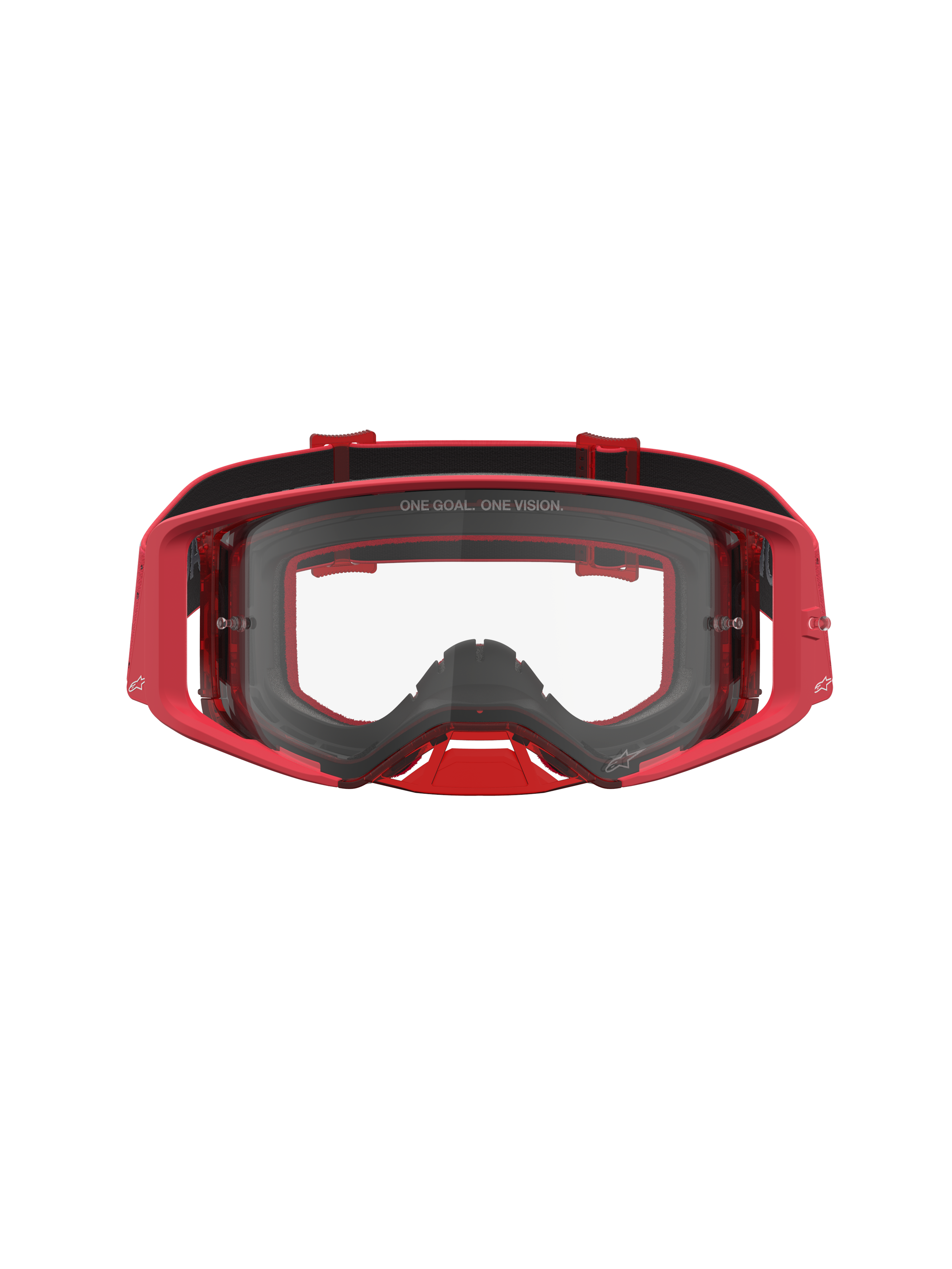 Alpinestars Supertech Vesta Goggles, Red motocross eyewear with a clear lens, injection-molded frame, and wide peripheral vision.