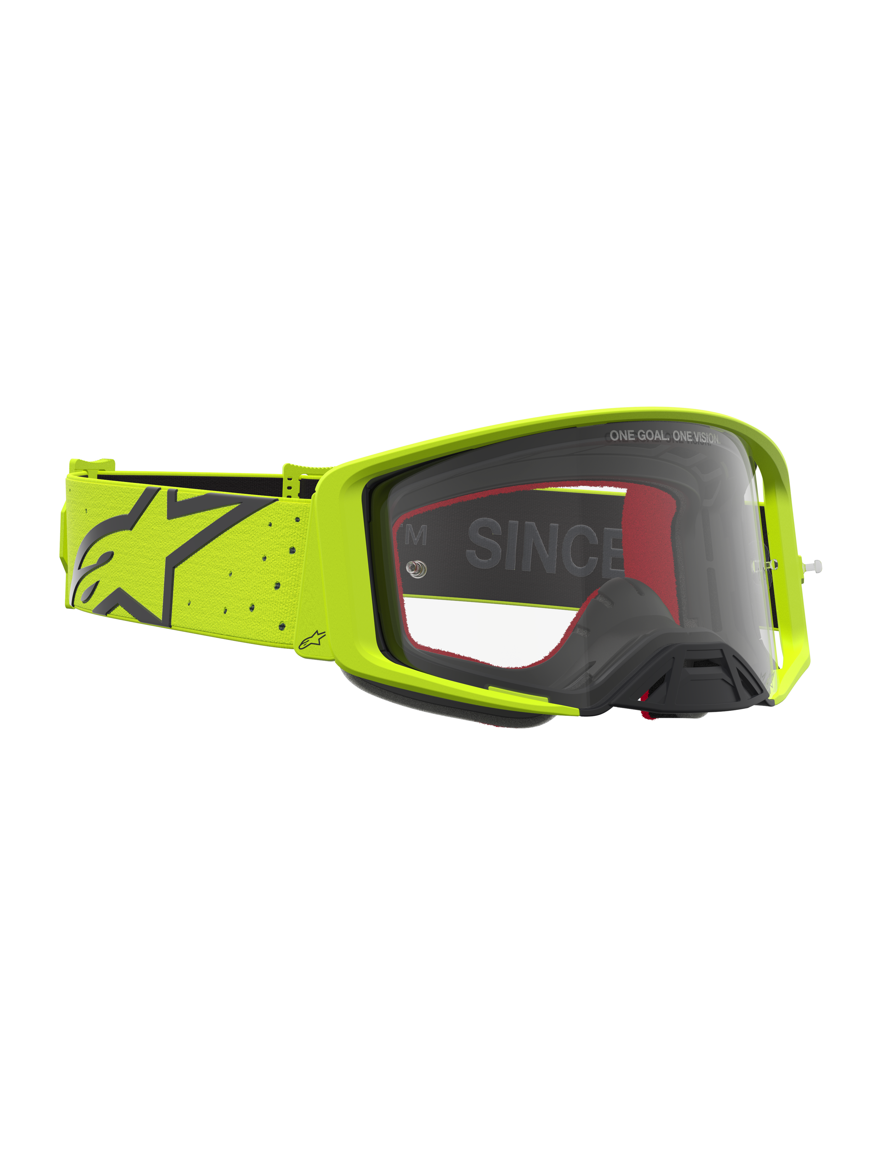 Alpinestars Supertech Vesta Motocross Goggles in yellow fluo and black, featuring a clear lens and a wide elastic strap.