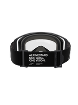 Alpinestars Vision 8 Corp Goggles - Dual Pane, Black Clear, rear view featuring wide black strap with white 'ALPINESTARS ONE GOAL. ONE VISION.' branding, black frame with clear polycarbonate lens and thick gray multi-layer face foam, professional motocross eyewear