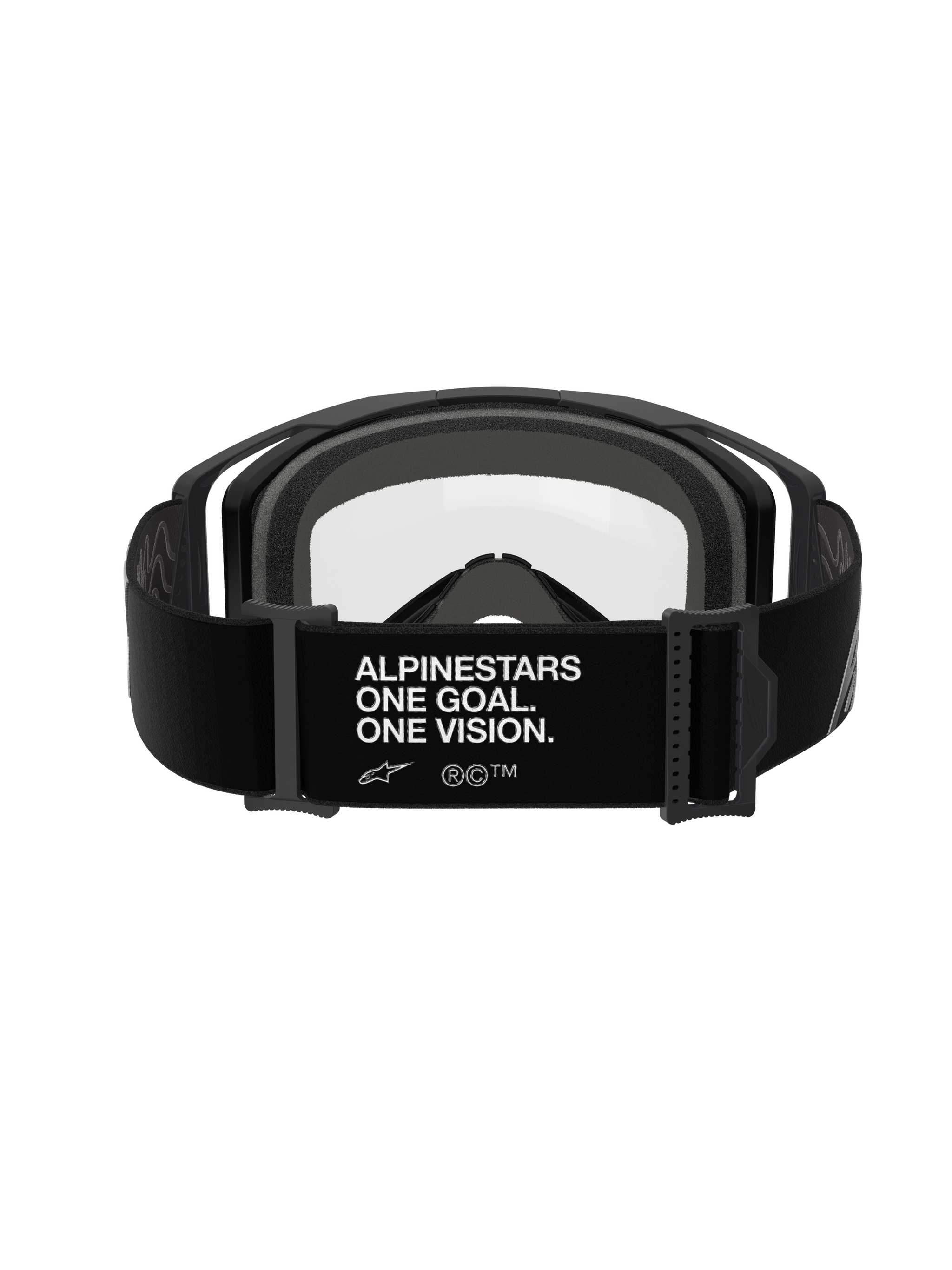 Alpinestars Vision 8 Corp Goggles - Dual Pane, Black Clear, rear view featuring wide black strap with white 'ALPINESTARS ONE GOAL. ONE VISION.' branding, black frame with clear polycarbonate lens and thick gray multi-layer face foam, professional motocross eyewear