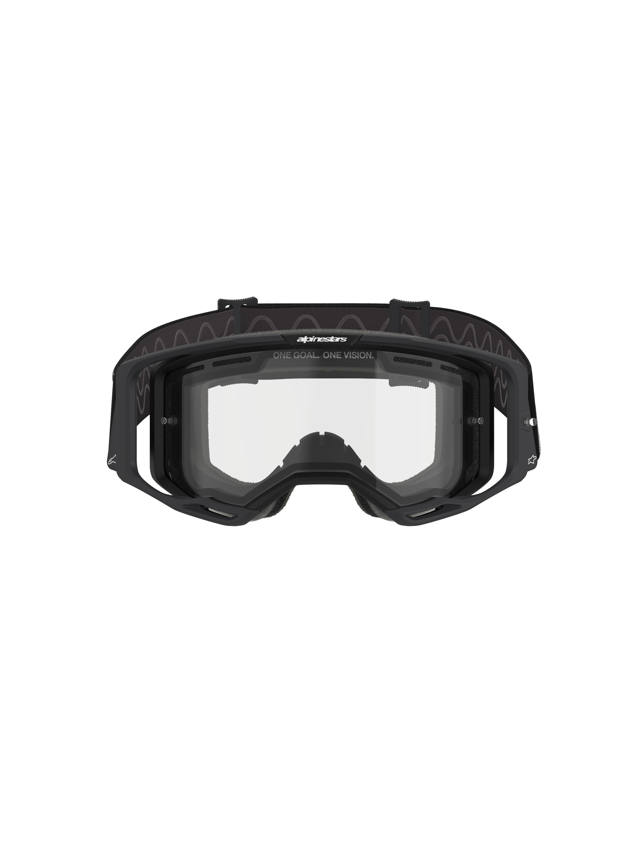 Alpinestars Vision 8 Corp Goggles - Dual Pane, Motocross Goggles, Black frame with Clear dual-pane lens, front view showing outriggers and "ONE GOAL. ONE VISION." branding, technical eye protection for off-road racing