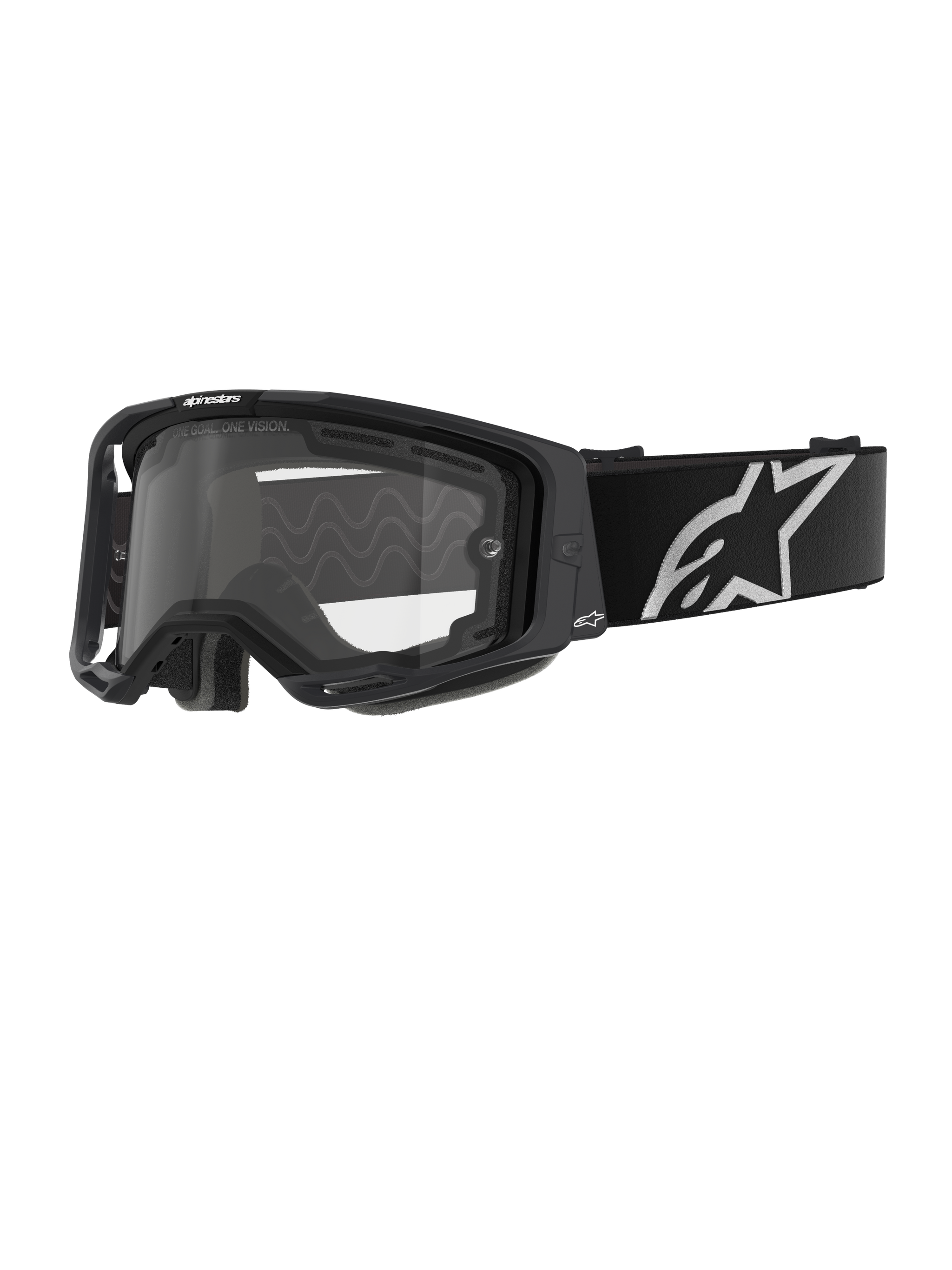 Alpinestars Vision 8 Corp Goggles - Dual Pane, Motocross Goggles, Black frame with a clear dual-pane lens, wide black strap featuring a prominent white Alpinestars star logo, sleek performance design with ventilation ports for off-road racing.
