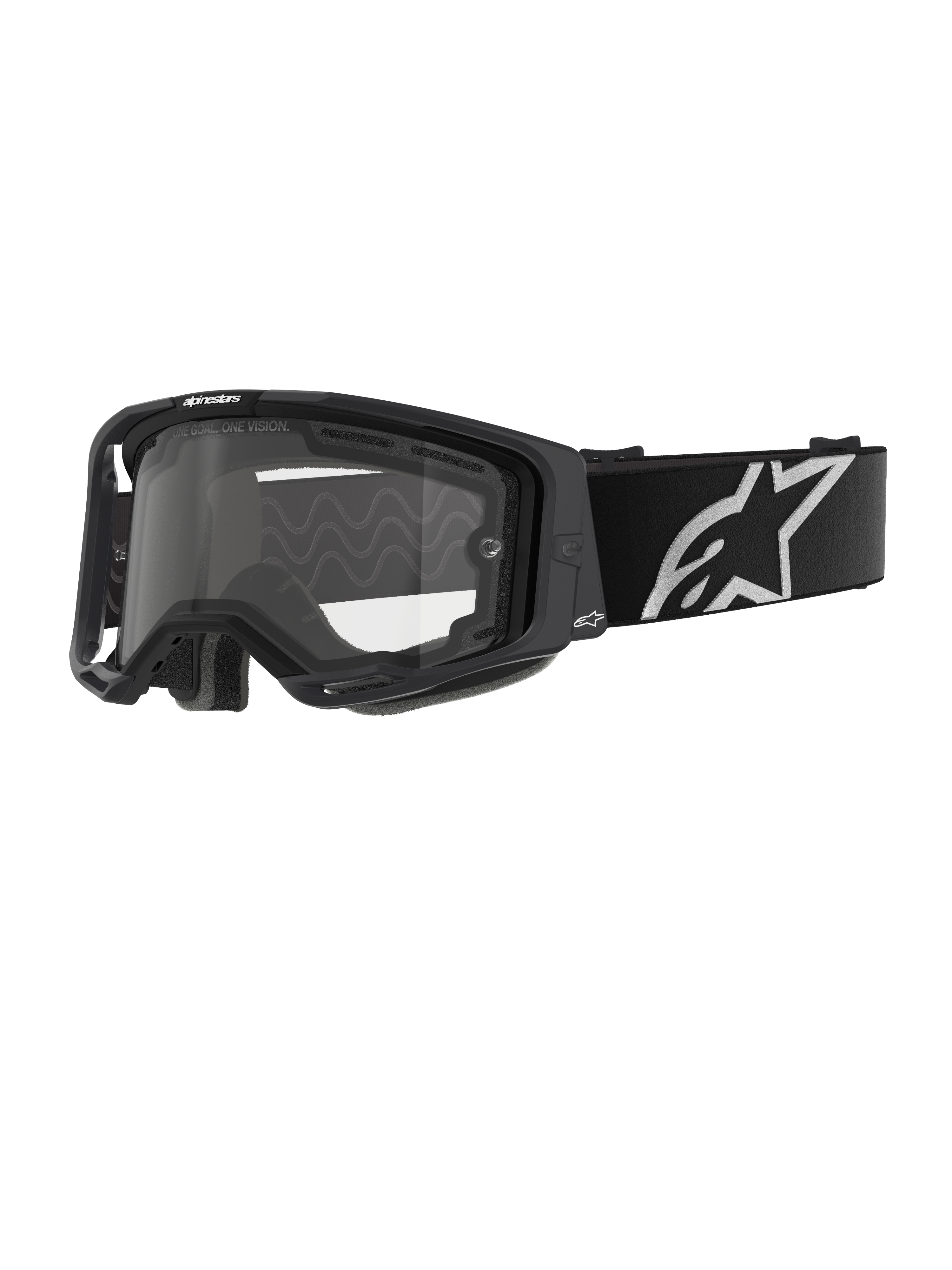 Alpinestars Vision 8 Corp Goggles - Dual Pane, Motocross Goggles, Black frame with a clear dual-pane lens, wide black strap featuring a prominent white Alpinestars star logo, sleek performance design with ventilation ports for off-road racing.