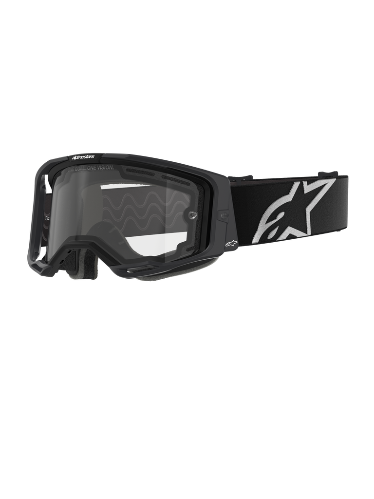 Alpinestars Vision 8 Corp Goggles - Dual Pane, Motocross Goggles, Black frame with a clear dual-pane lens, wide black strap featuring a prominent white Alpinestars star logo, sleek performance design with ventilation ports for off-road racing.