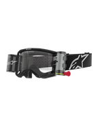 Alpinestars Vision 8 Corp Goggles Roll Off, Motocross Goggles, Black and Clear, integrated roll-off system with red pull-tab, black strap with white logo, wavy lens pattern with "ONE GOAL. ONE VISION." text, performance eye protection for off-road racing