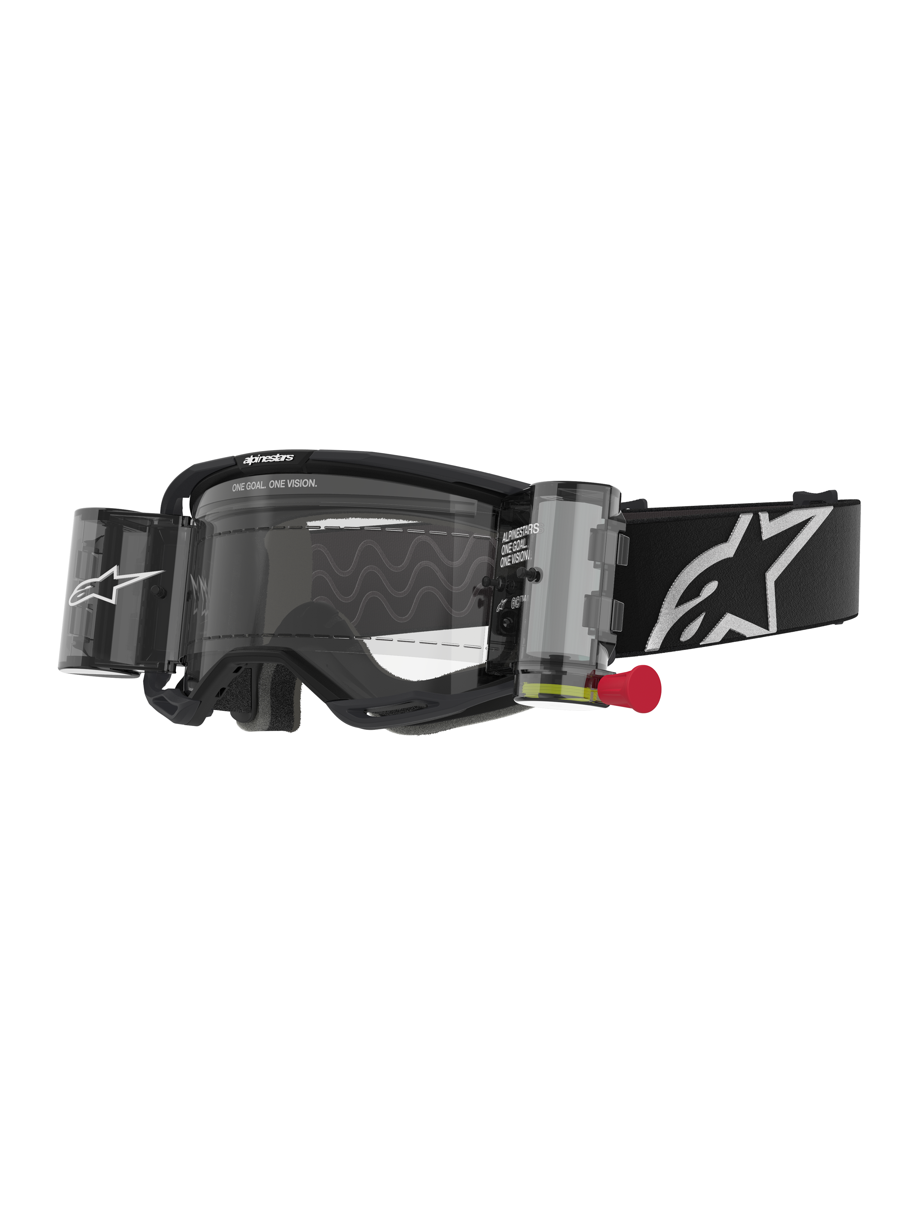 Alpinestars Vision 8 Corp Goggles Roll Off, Motocross Goggles, Black and Clear, integrated roll-off system with red pull-tab, black strap with white logo, wavy lens pattern with "ONE GOAL. ONE VISION." text, performance eye protection for off-road racing