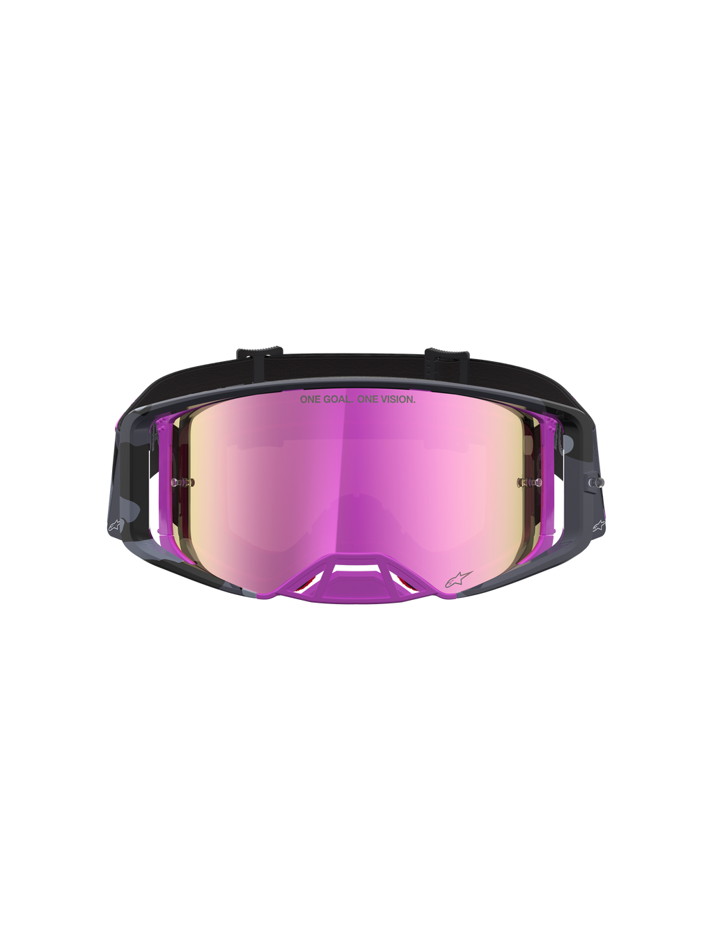 Limited Edition Supertech Loane Goggle, motocross racing goggles with mirror pink lens and camo purple frame, high-contrast vision and moisture management