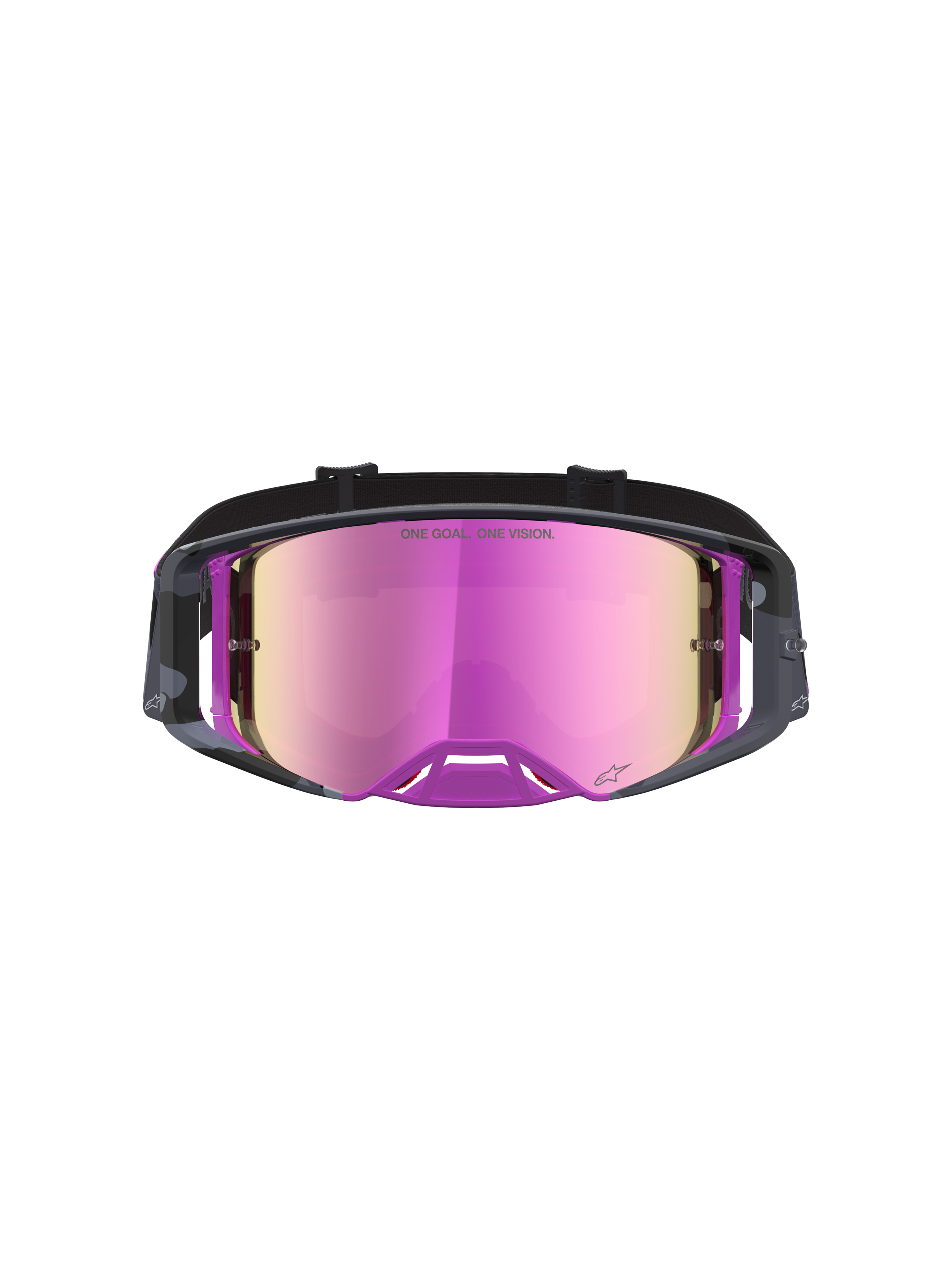 Limited Edition Supertech Loane Goggle, motocross racing goggles with mirror pink lens and camo purple frame, high-contrast vision and moisture management