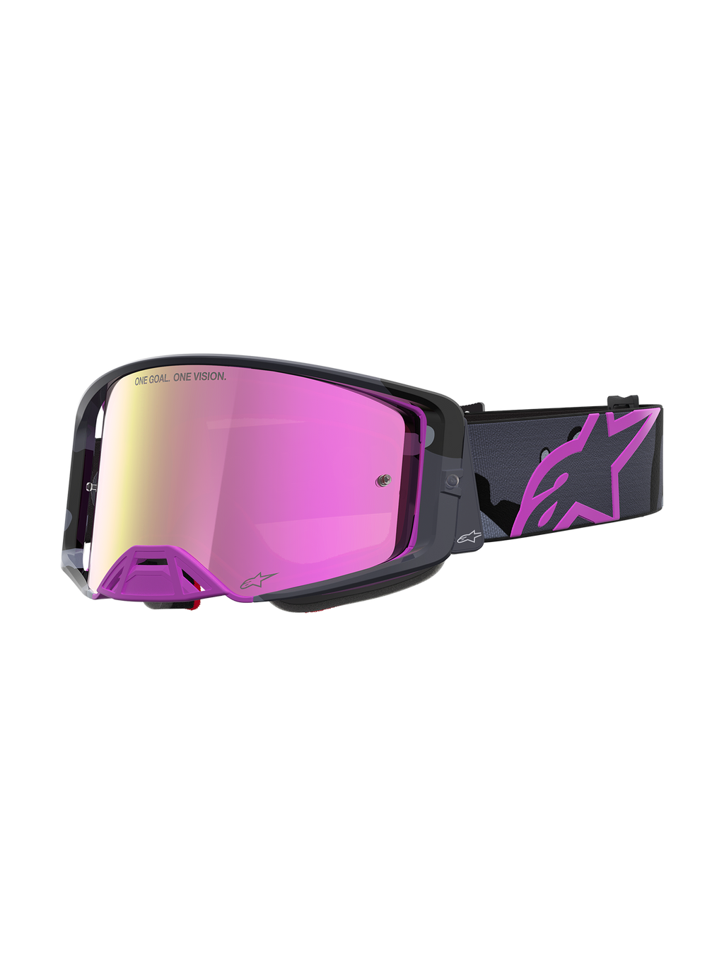 Limited Edition Alpinestars Supertech Loane Goggles, motocross racing goggles in purple and mirror pink with a camo strap, high-contrast lens technology, championship-proven off-road gear