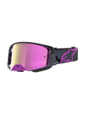 Limited Edition Alpinestars Supertech Loane Goggles, motocross racing goggles in purple and mirror pink with a camo strap, high-contrast lens technology, championship-proven off-road gear