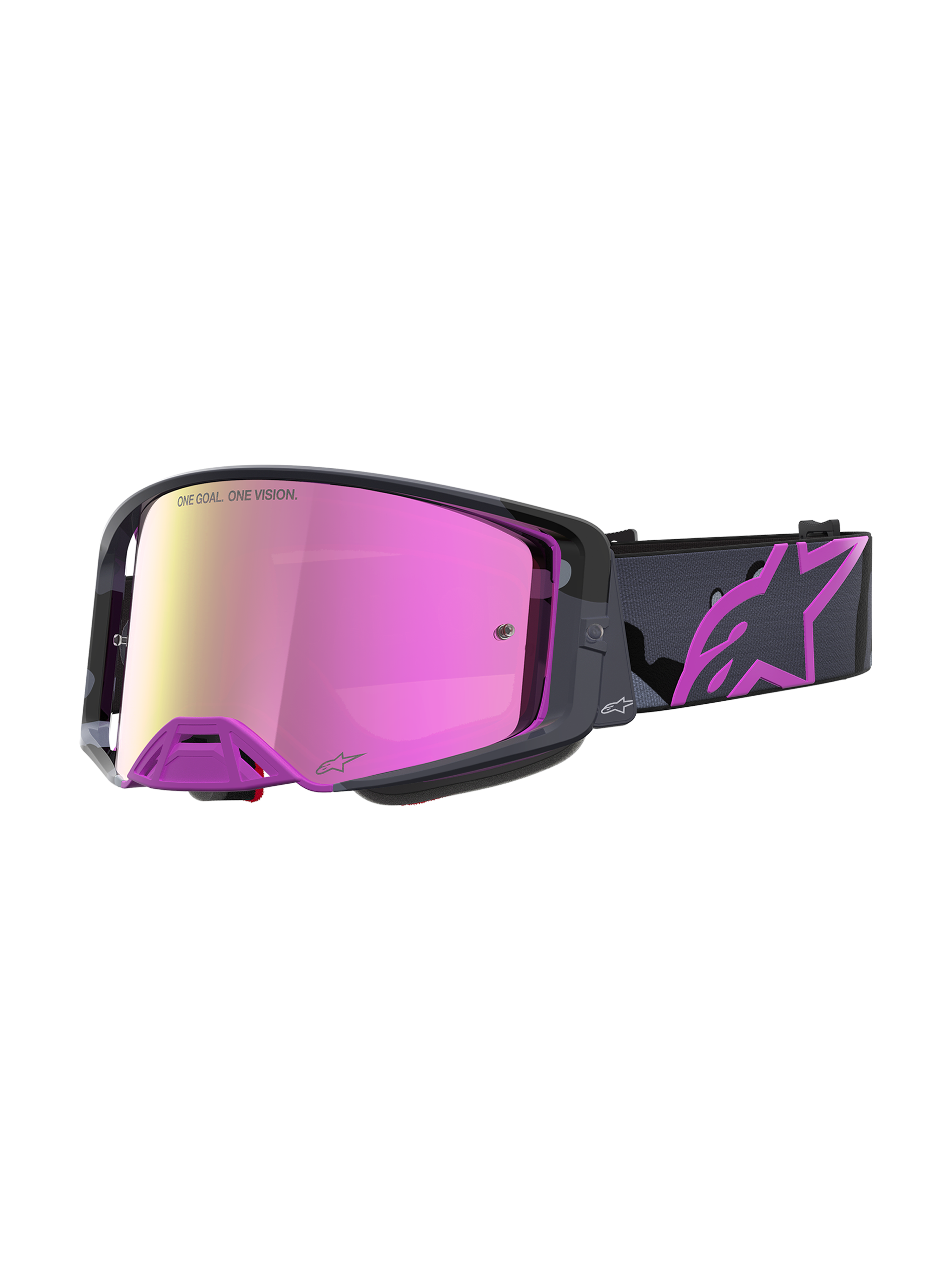 Limited Edition Alpinestars Supertech Loane Goggles, motocross racing goggles in purple and mirror pink with a camo strap, high-contrast lens technology, championship-proven off-road gear