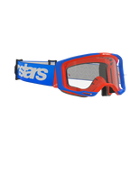 Alpinestars Vision 8 Wordmark Goggles, Motocross Goggles, Blue and Orange, clear anti-fog lens, wide blue strap with white Alpinestars branding, angular frame with outrigger system, high-performance off-road racing eyewear