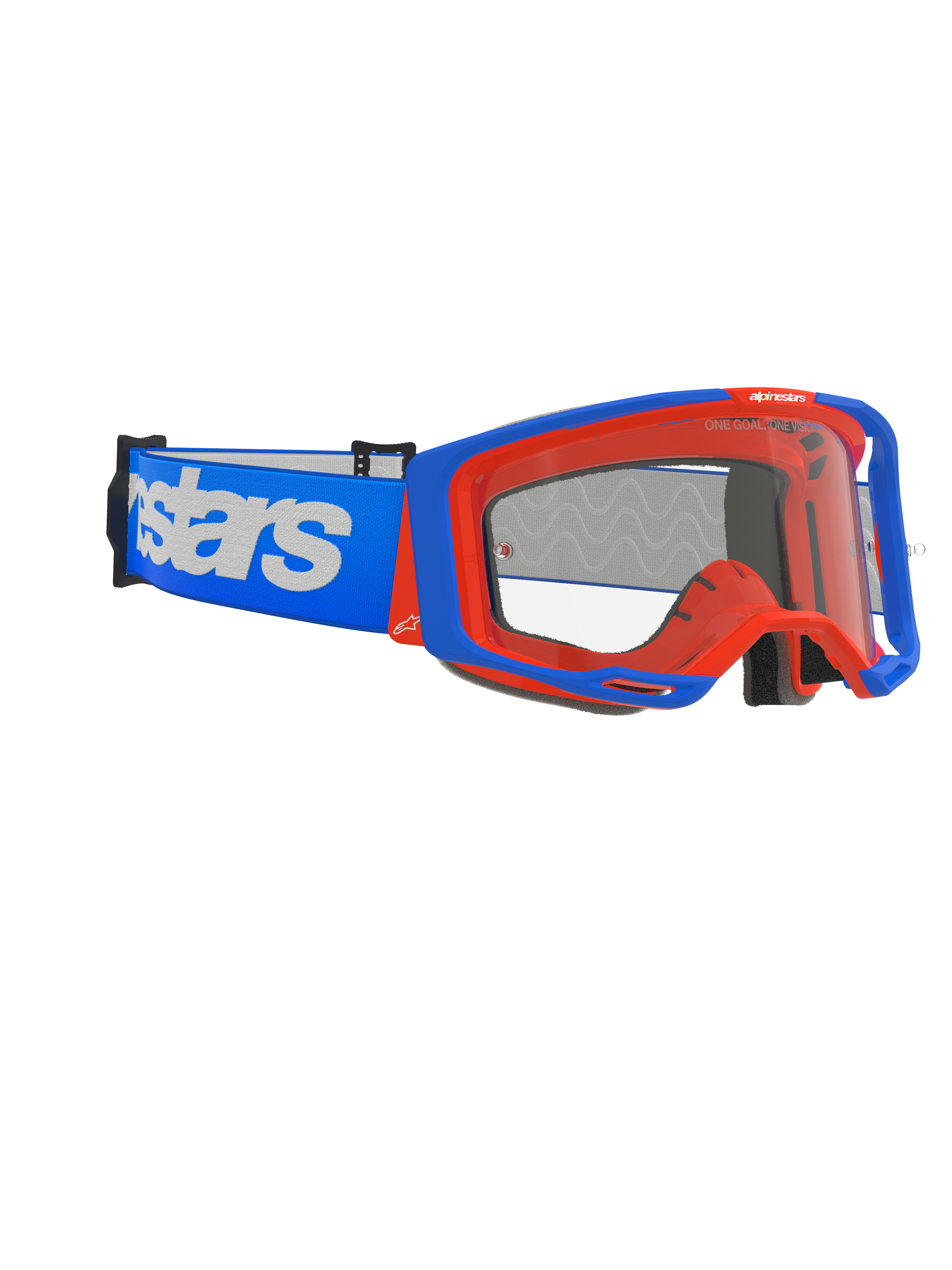 Alpinestars Vision 8 Wordmark Goggles, Motocross Goggles, Blue and Orange, clear anti-fog lens, wide blue strap with white Alpinestars branding, angular frame with outrigger system, high-performance off-road racing eyewear