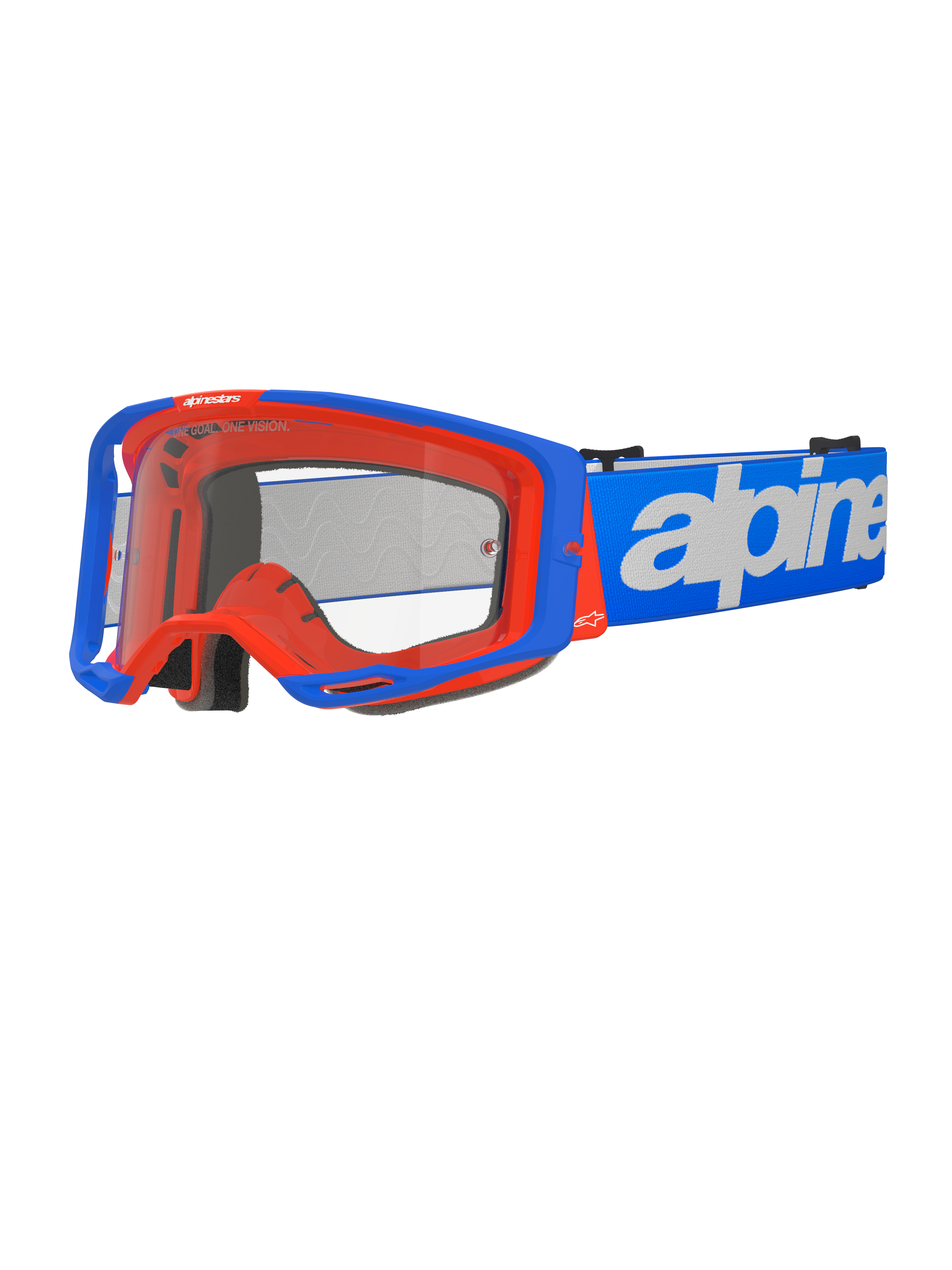 Alpinestars Vision 8 Wordmark Goggles, Motocross Goggles, Blue and Orange, Clear lens, wide blue strap with white Alpinestars wordmark, black foam padding, athletic design with visible ventilation ports for off-road performance