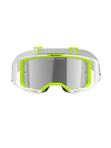 Alpinestars Vision 8 Wordmark Goggles, Motocross Goggles, White and Yellow Fluo, Silver Mirror Lens featuring 'ONE GOAL. ONE VISION.' text, wide field of view, white strap with grey accents, performance off-road eyewear