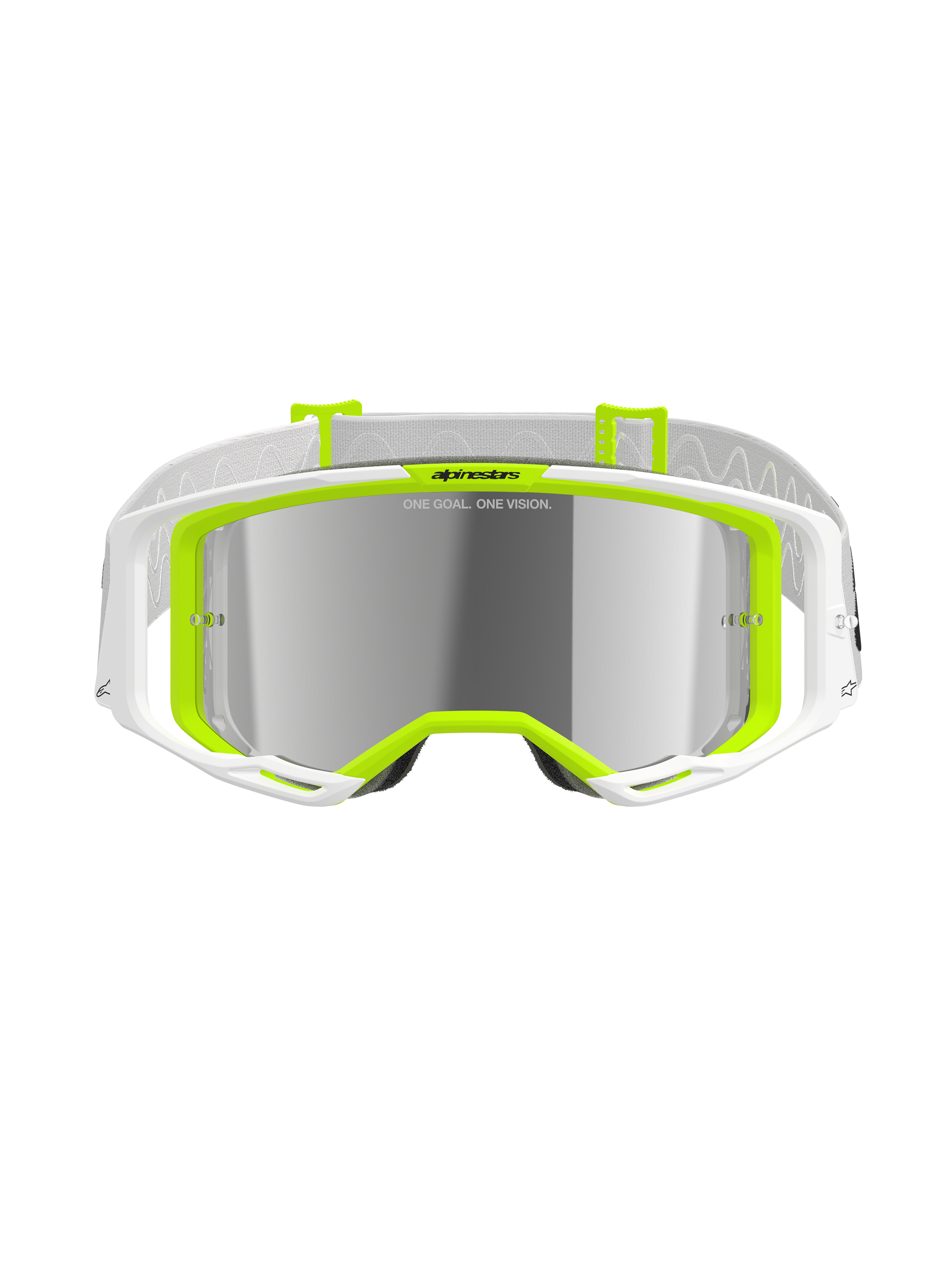 Alpinestars Vision 8 Wordmark Goggles, Motocross Goggles, White and Yellow Fluo, Silver Mirror Lens featuring 'ONE GOAL. ONE VISION.' text, wide field of view, white strap with grey accents, performance off-road eyewear